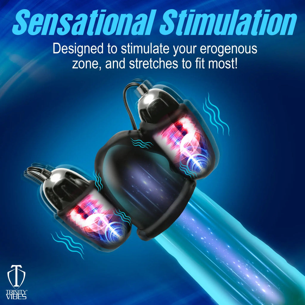 Trinity Men Multi Speed Vibrating Penis Head Teaser: Black stretchy sleeve with two vibrating pods on blue background.