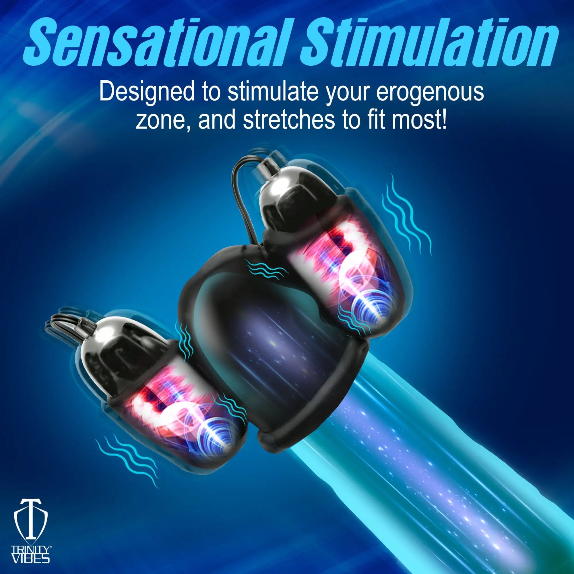Trinity Men Multi Speed Vibrating Penis Head Teaser: Black stretchy sleeve with two vibrating pods on blue background.
