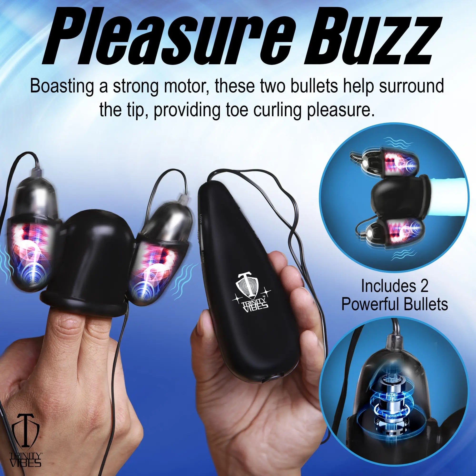 Trinity Men Multi Speed Vibrating Penis Head Teaser: two black bullet vibrators attached to a controller.