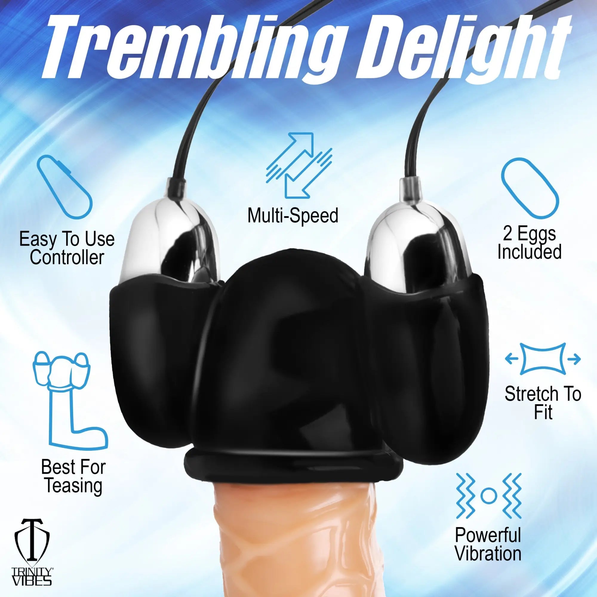 Trinity Men Multi Speed Vibrating Penis Head Teaser: Black silicone sleeve with two chrome vibrating bullet stimulators.