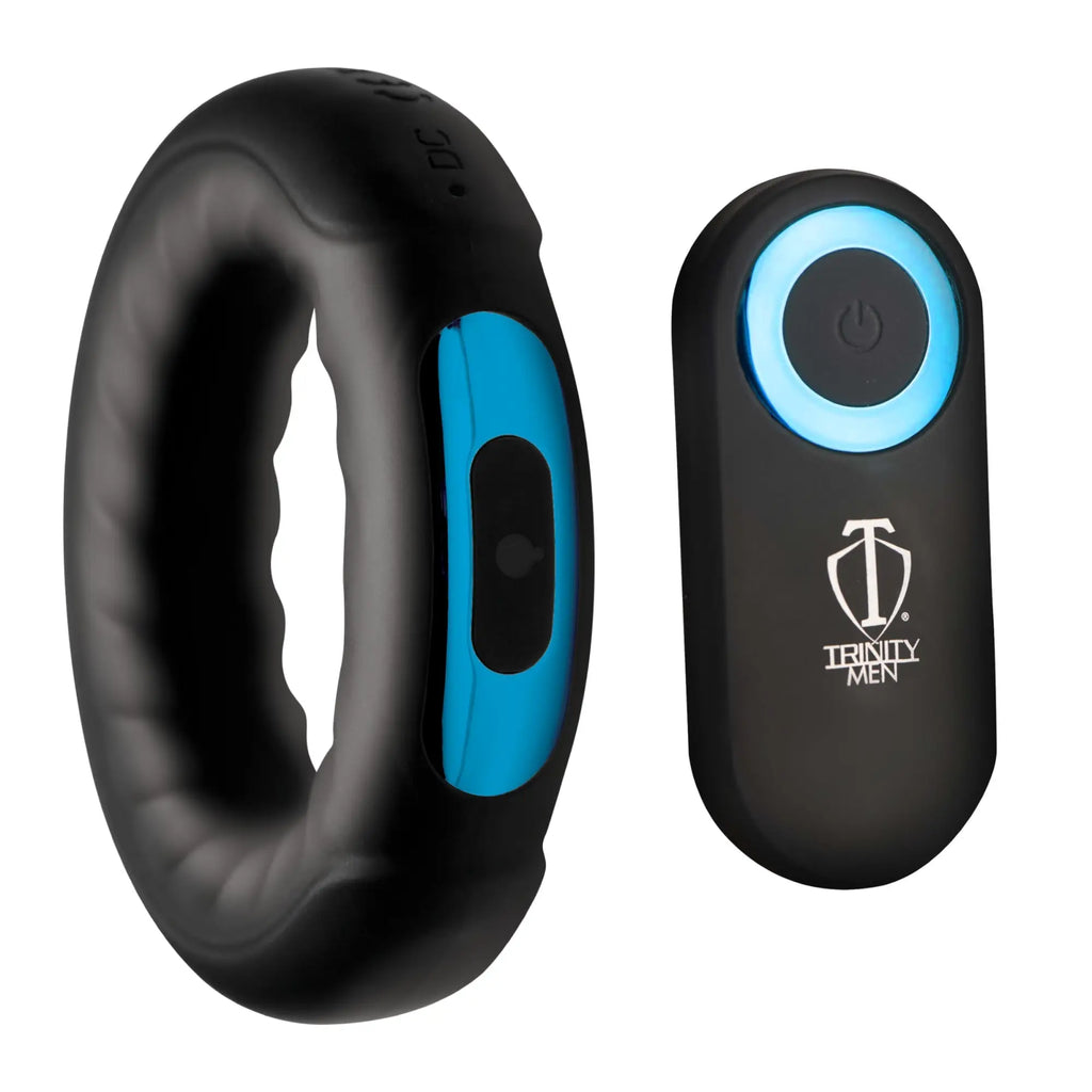Trinity Men 7X black silicone cock ring with blue accents and matching remote control on a white background.