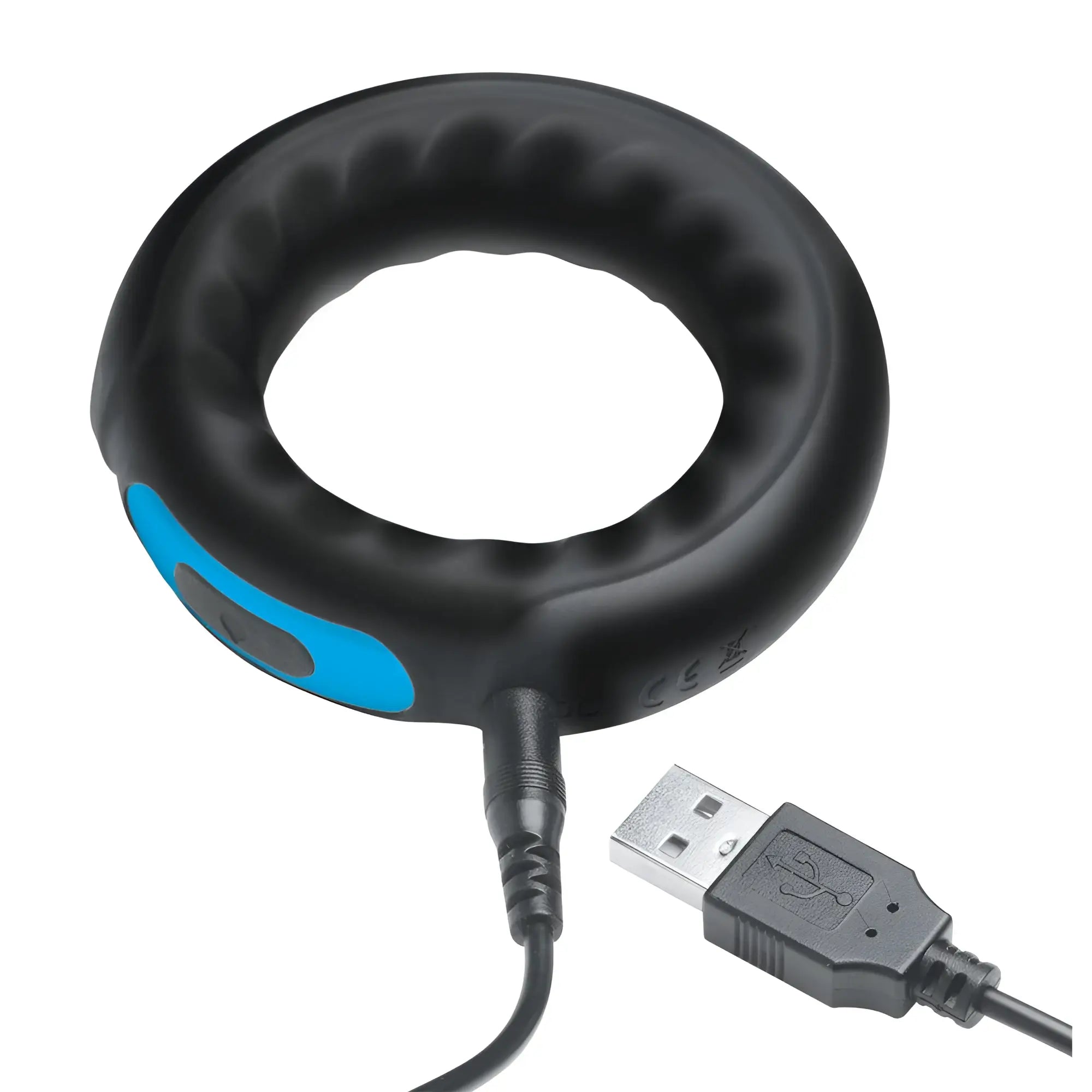 Trinity Men Remote Control 7X black silicone cock ring with blue accents and a connected USB charging cable.