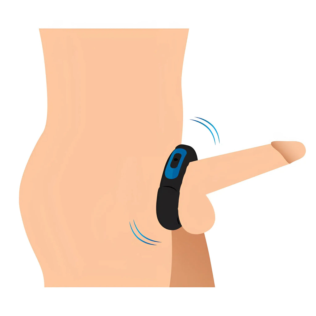 Trinity Men Remote Control 7X: black silicone cock ring with blue accents shown on an illustrative torso.