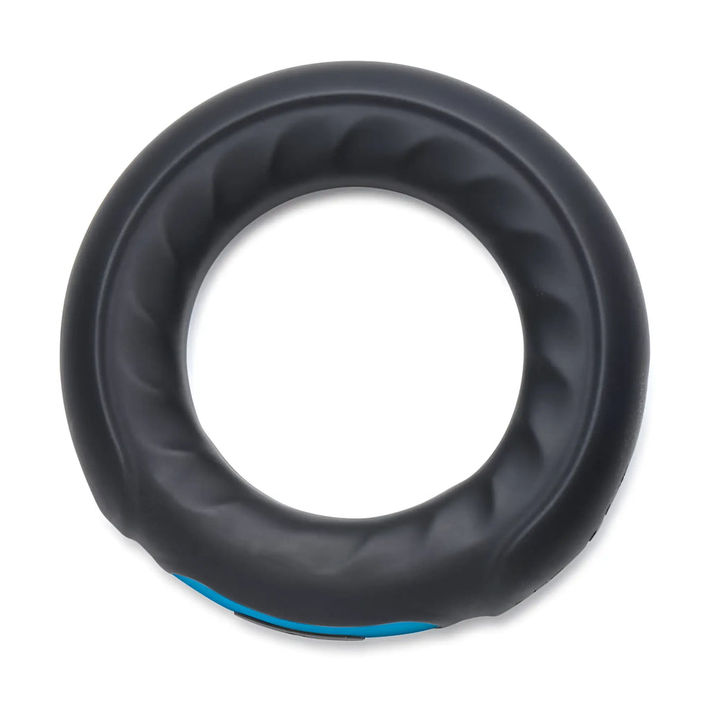 Trinity Men Remote Control 7X: A black, textured silicone cock ring with a bright blue accent on a white background.