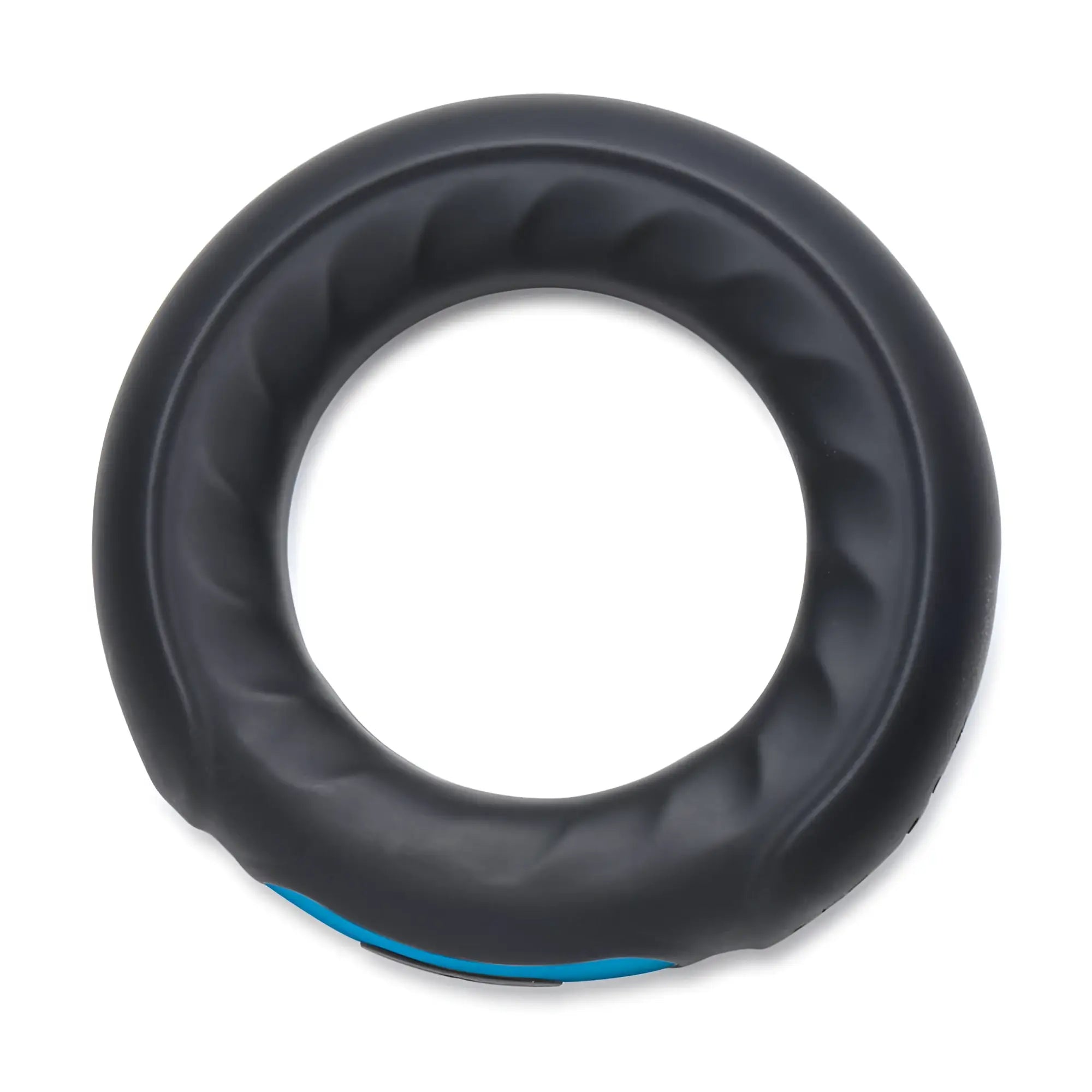 Trinity Men Remote Control 7X: A black, textured silicone cock ring with a bright blue accent on a white background.