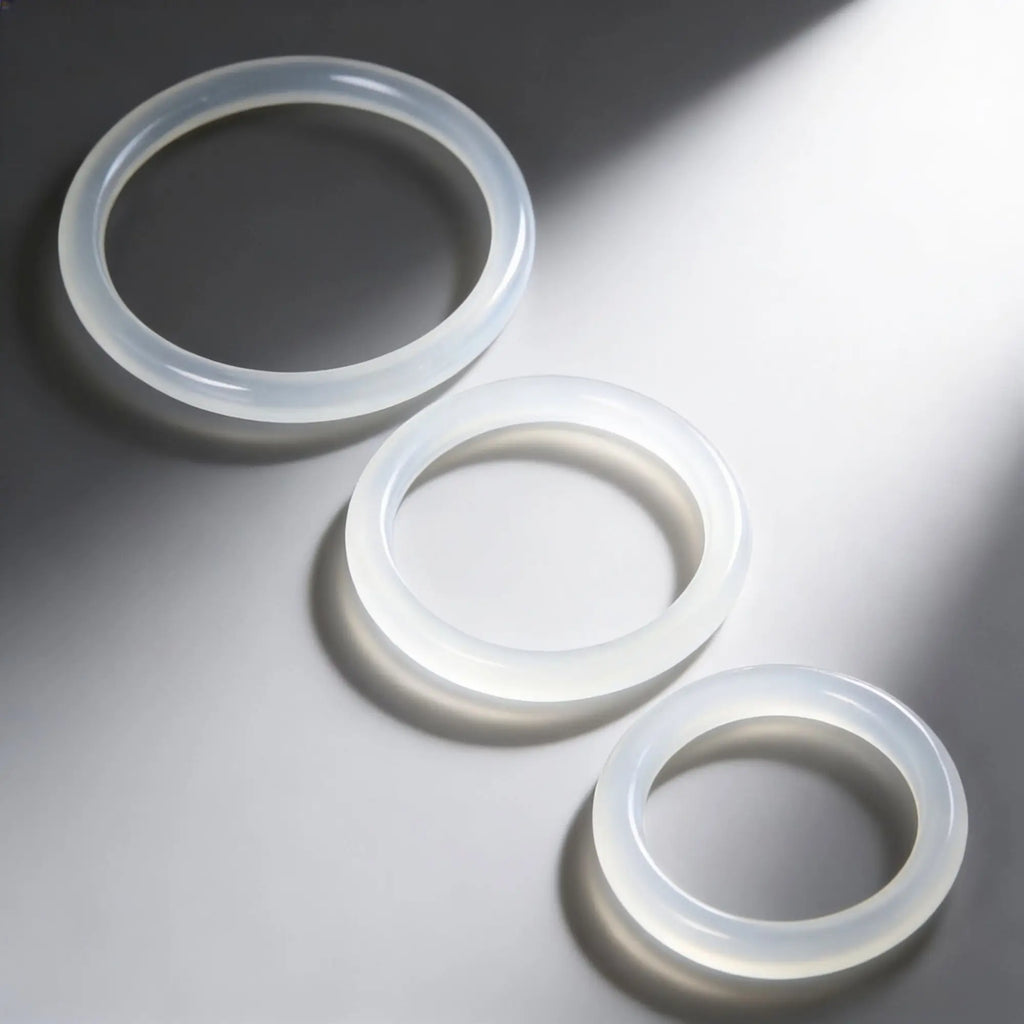 Trinity Men Silicone Cock Rings: Three smooth, translucent white rings of varying sizes arranged on a gray background.