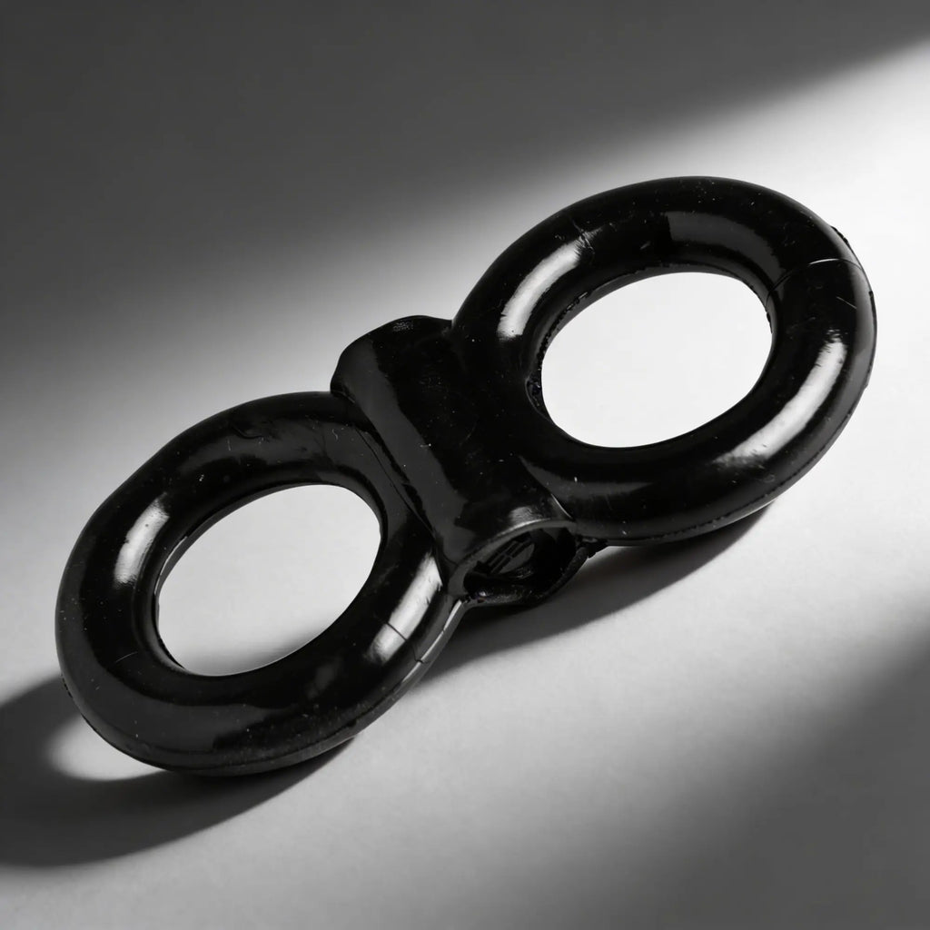 Trinity Men vibrating double cock and ball ring in a smooth, glossy black, figure-eight design on a grey background.