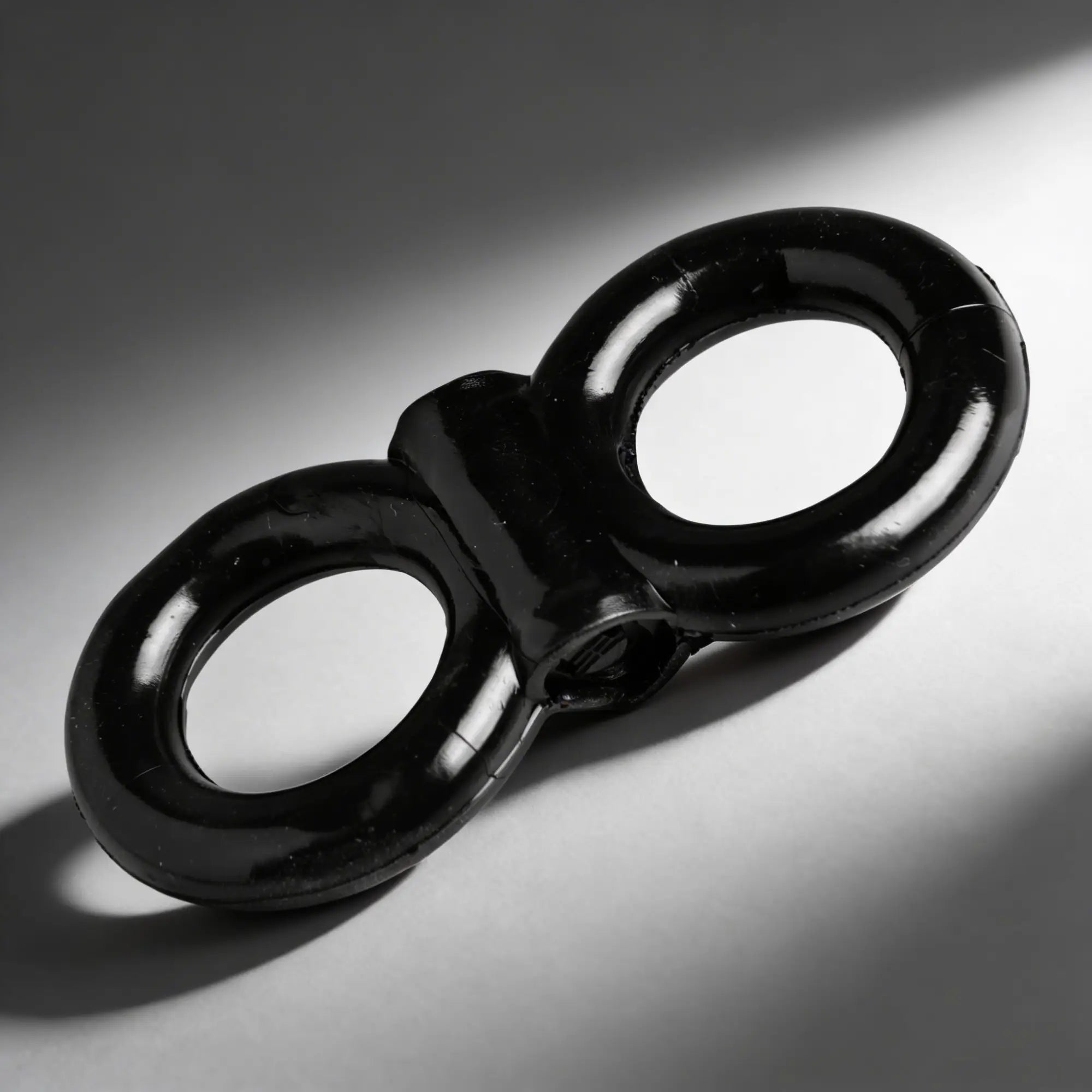 Trinity Men vibrating double cock and ball ring in a smooth, glossy black, figure-eight design on a grey background.