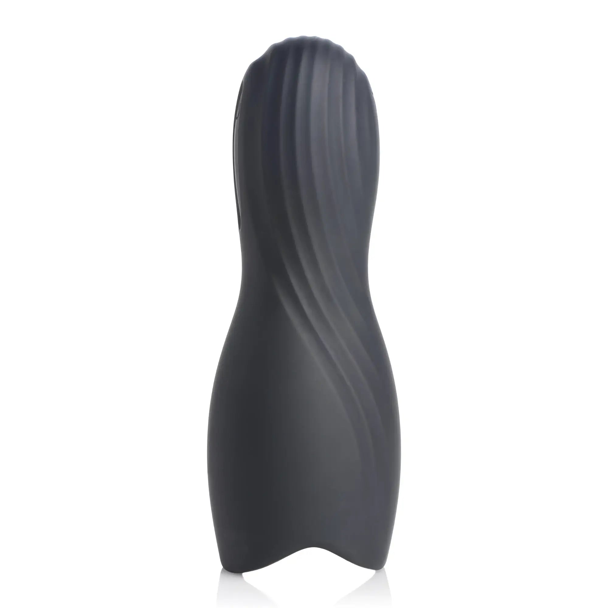 Trinity Men Vibrating Rechargeable Penis Pleaser: A matte black, sleek, hourglass-shaped device with spiral texturing.