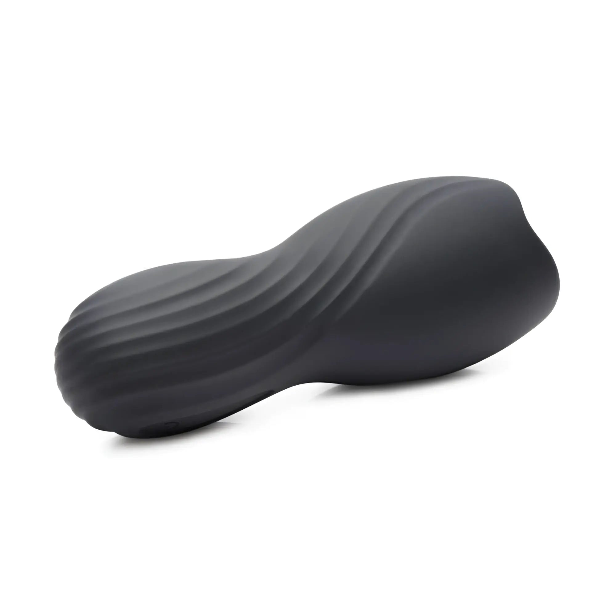 Trinity Men Vibrating Penis Pleaser: A contoured, matte black, ergonomic masturbator with a textured, wavy surface.