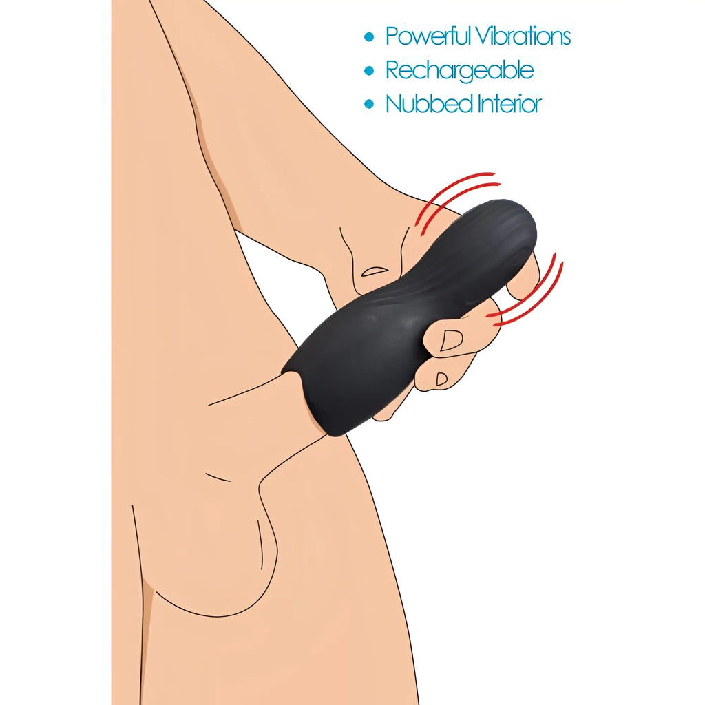 Trinity Men Vibrating Penis Pleaser: A black, ergonomic, rechargeable sleeve being held against a male groin.
