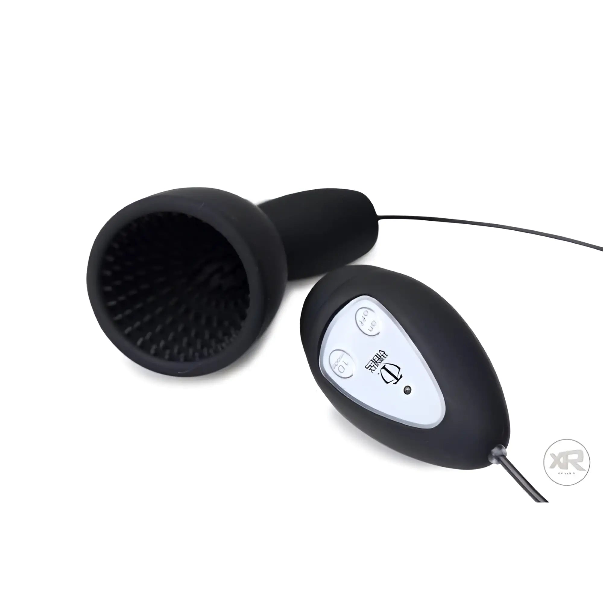 Black Trinity Vibes silicone penis head teaser with a textured interior cup and a wired remote controller.