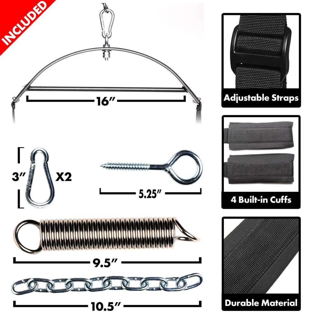 Trinity Vibes 360 Spinning Sex Swing components: metal spreader bar, spring, eye bolt, chain, and black fabric cuffs.