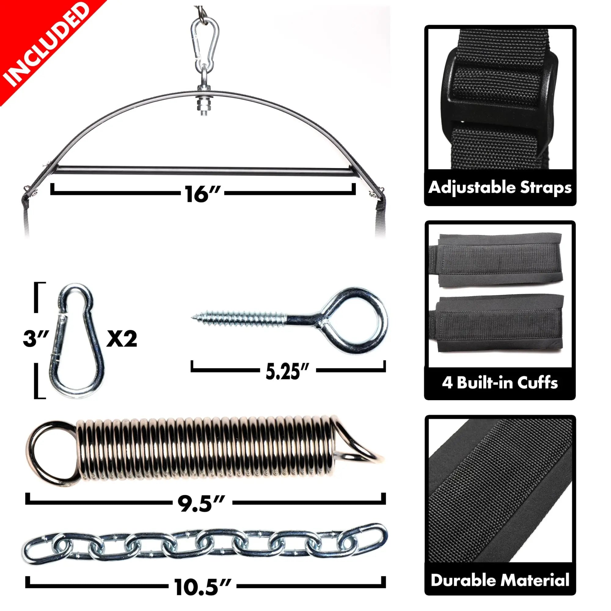 Trinity Vibes 360 Spinning Sex Swing components: metal spreader bar, spring, eye bolt, chain, and black fabric cuffs.