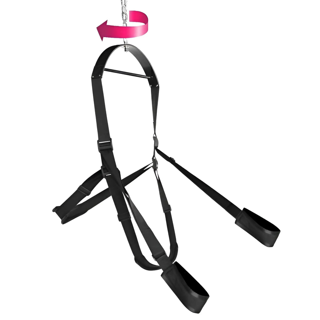 Trinity Vibes 360 Spinning Sex Swing: A black, adjustable strap-style swing with stirrups and a spinning motion icon.