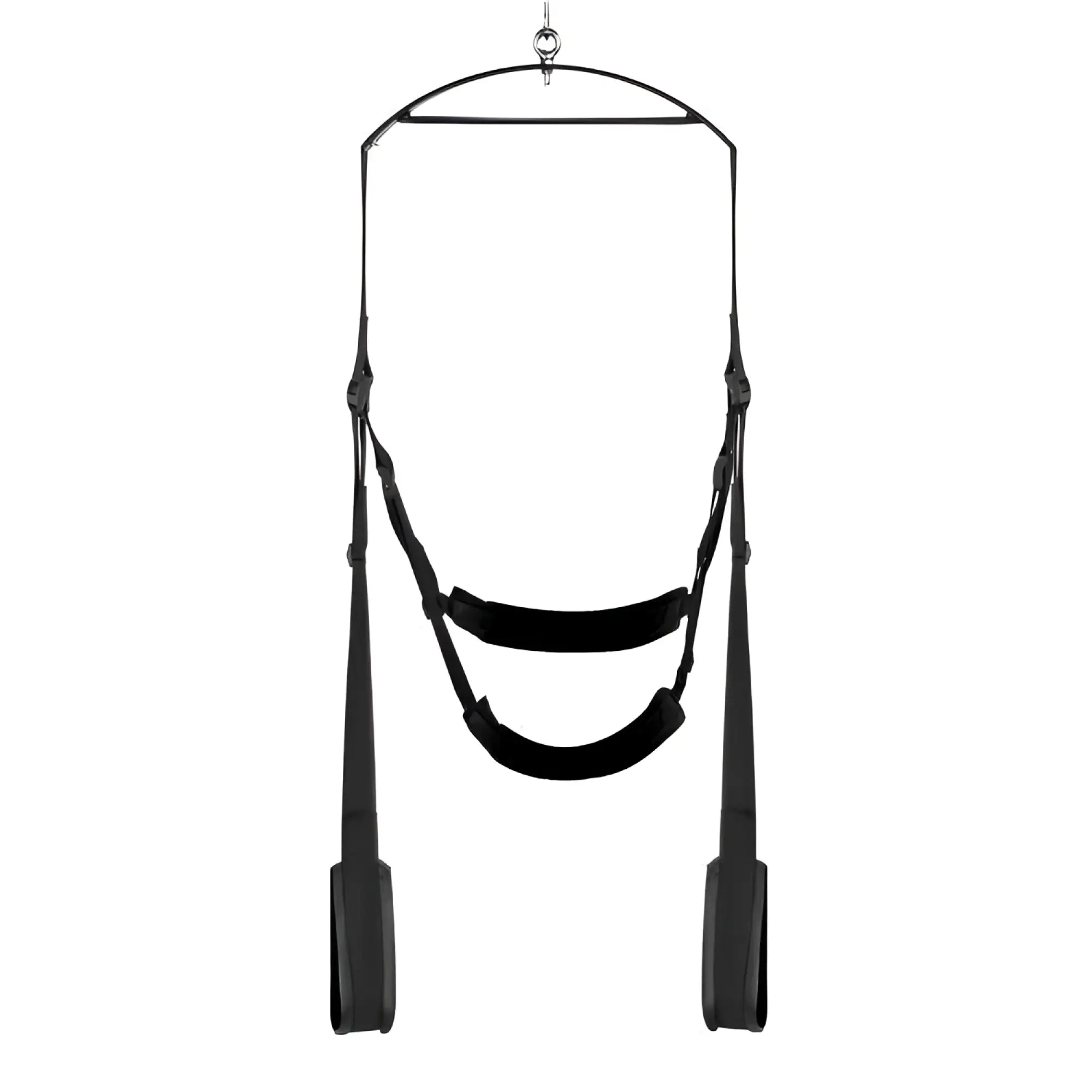 Trinity Vibes 360 Spinning Sex Swing: A black, adjustable hanging strap system with padded seat and handles.