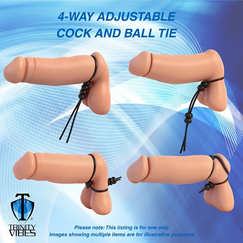 Trinity Vibes 4-Way Adjustable Cock and Ball Tie: four anatomical illustrations showing black beaded adjustment methods.