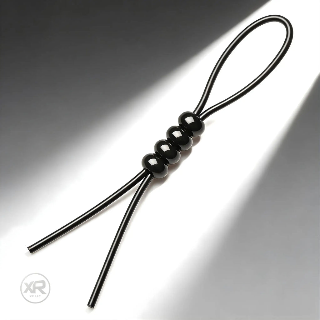 Trinity Vibes 4-Way Adjustable black silicone tie with a looped cord and four adjustable, smooth spherical beads.