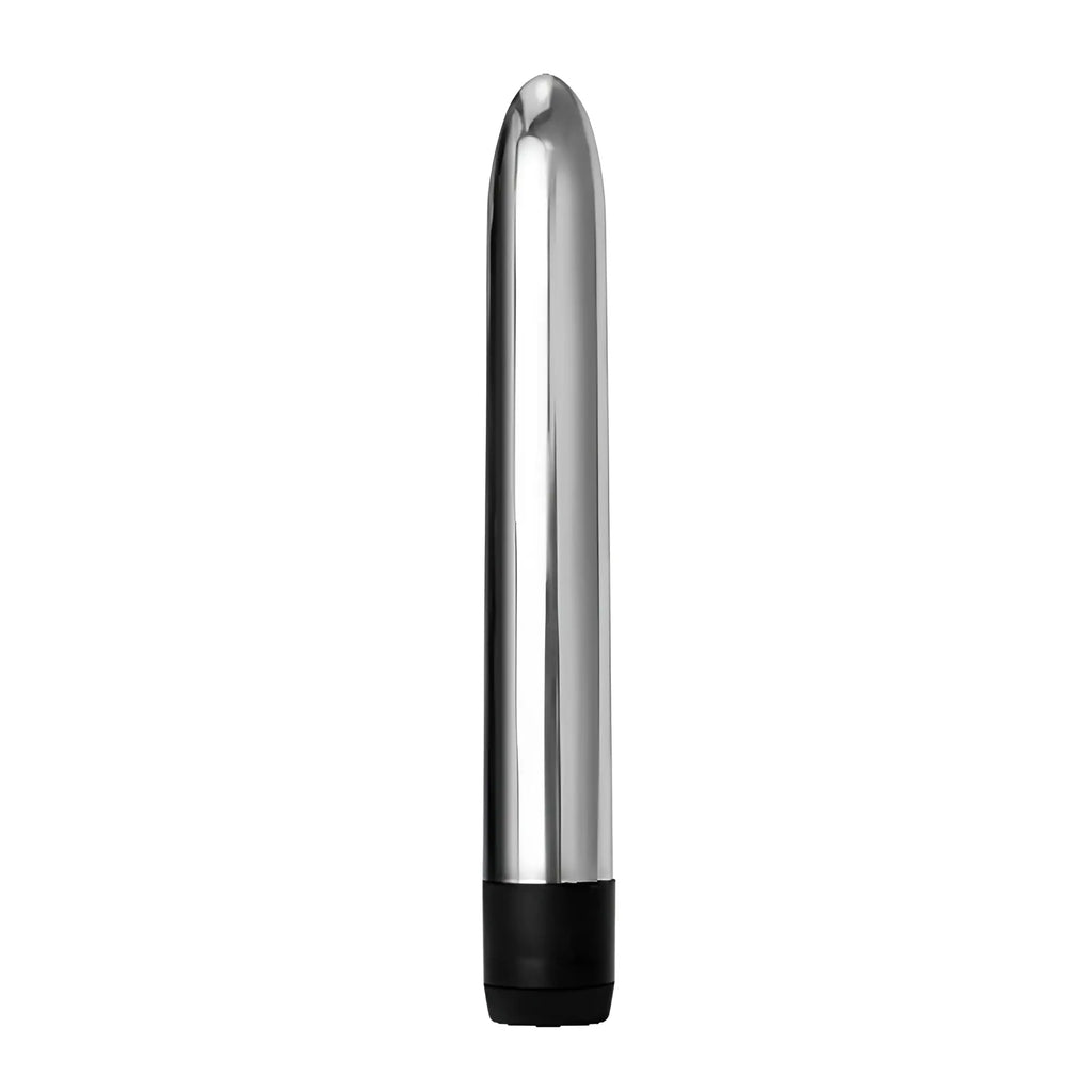 Trinity Vibes 7-inch silver slim vibrator with a smooth, metallic finish and a black base on a white background.