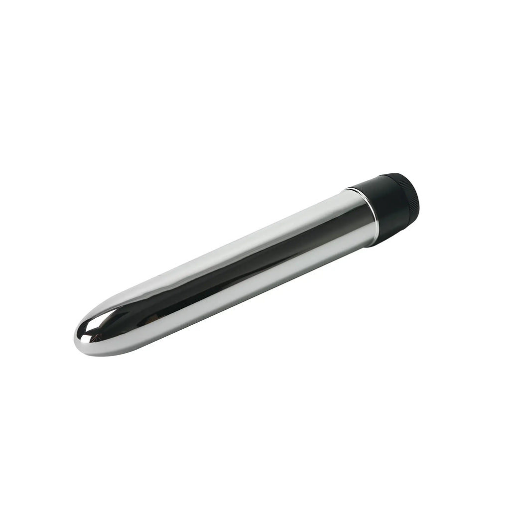 Trinity Vibes 7-inch slim silver vibrator with a rounded tip and a black textured base on a white background.