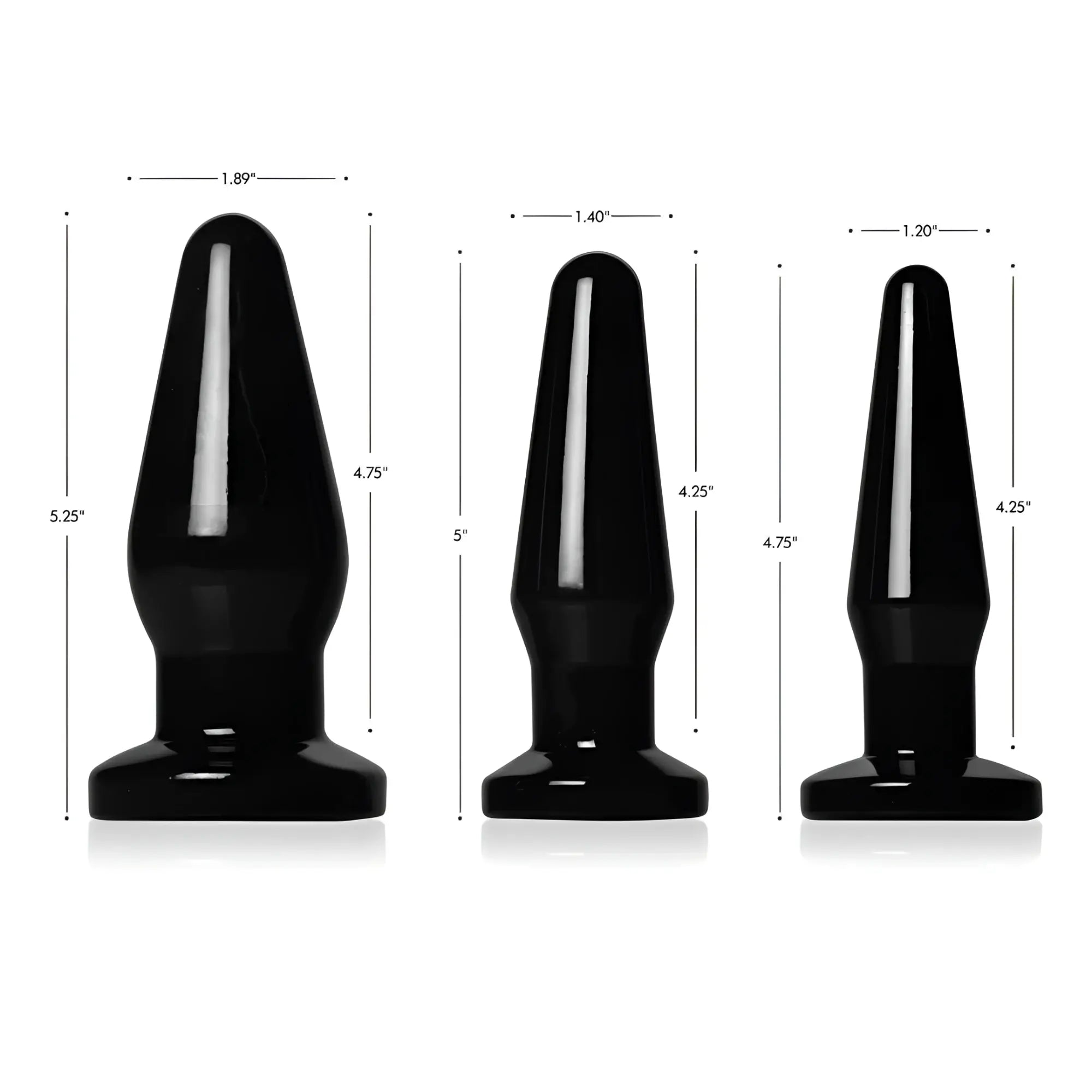 Trinity Vibes Anal Trainer set: three smooth, black, tapered anal plugs of varying sizes with measurement dimensions.
