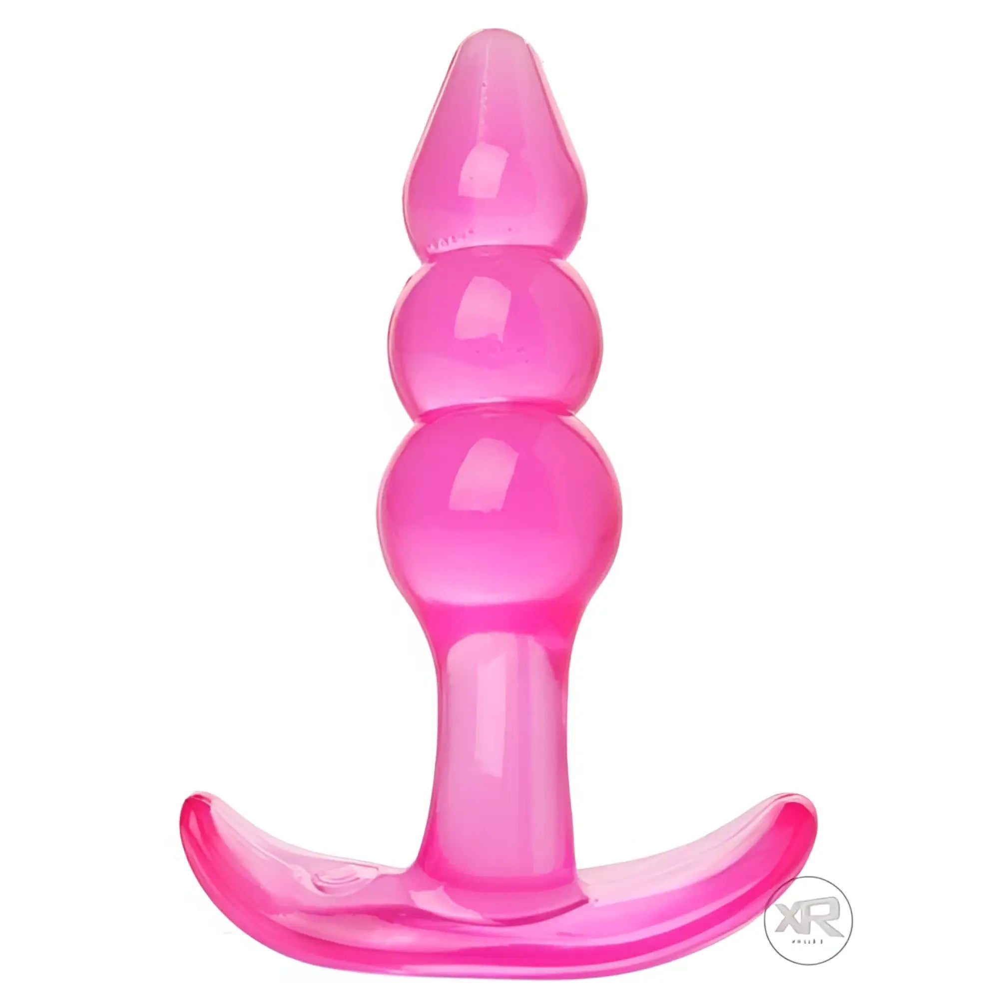 Trinity Vibes Bubbles Beginner Anal Plug is a translucent pink, beaded silicone anal plug with a curved flared base.