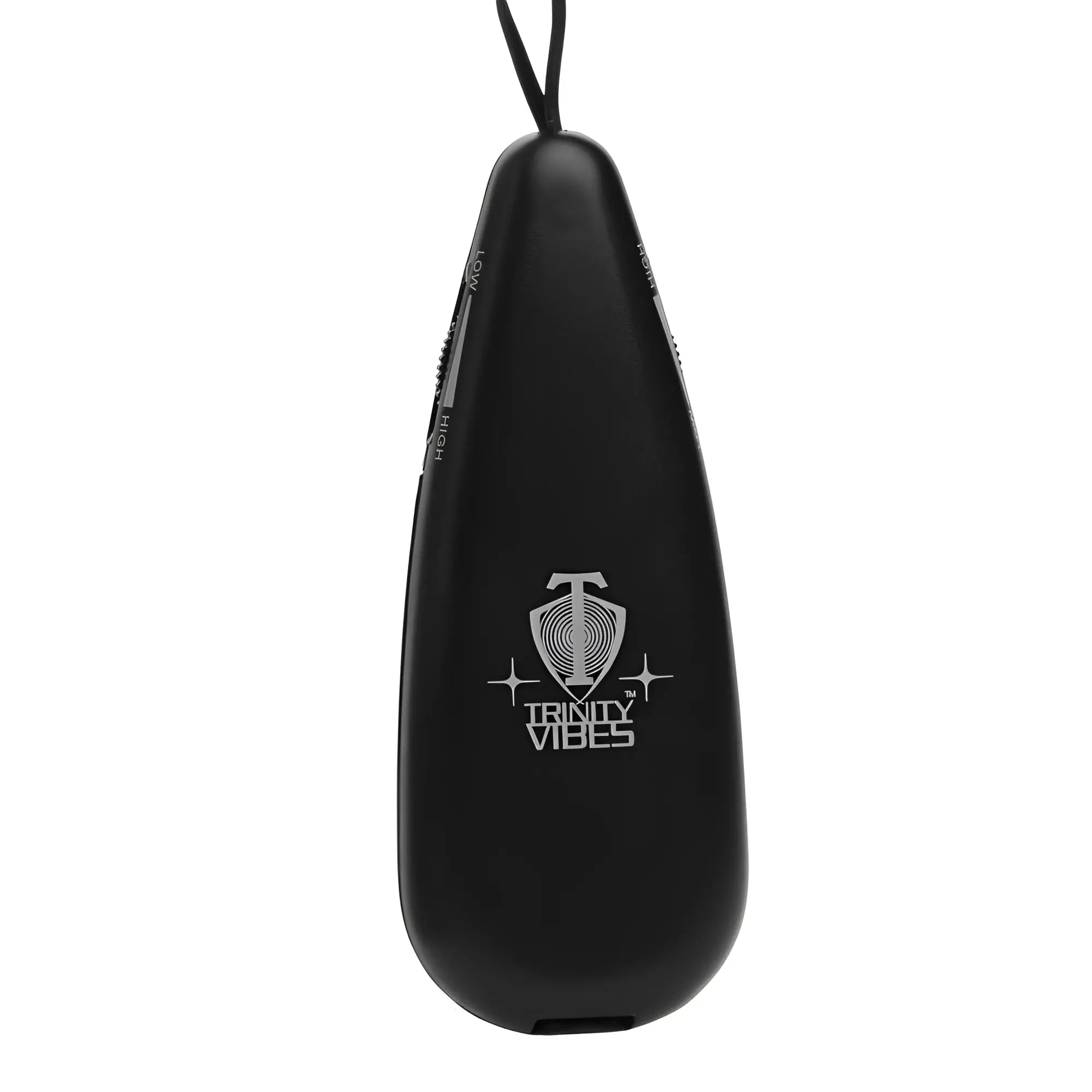 Trinity Vibes black teardrop-shaped multi-speed vibrating controller with side controls and white logo on white background.