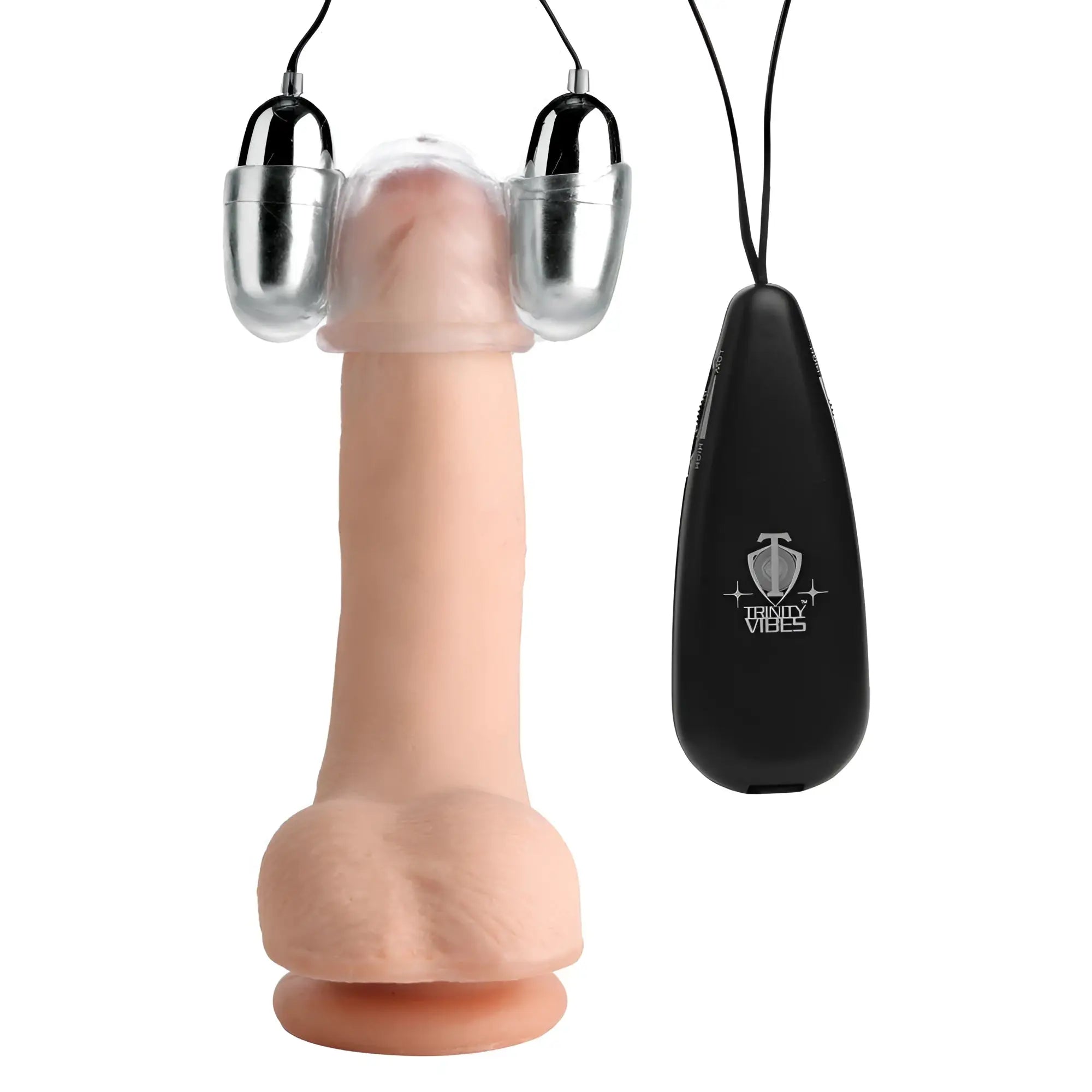 Trinity Vibes Clear Multi-Speed Vibrating Head Teaser featuring a realistic dildo with two clear head-capping vibrators.