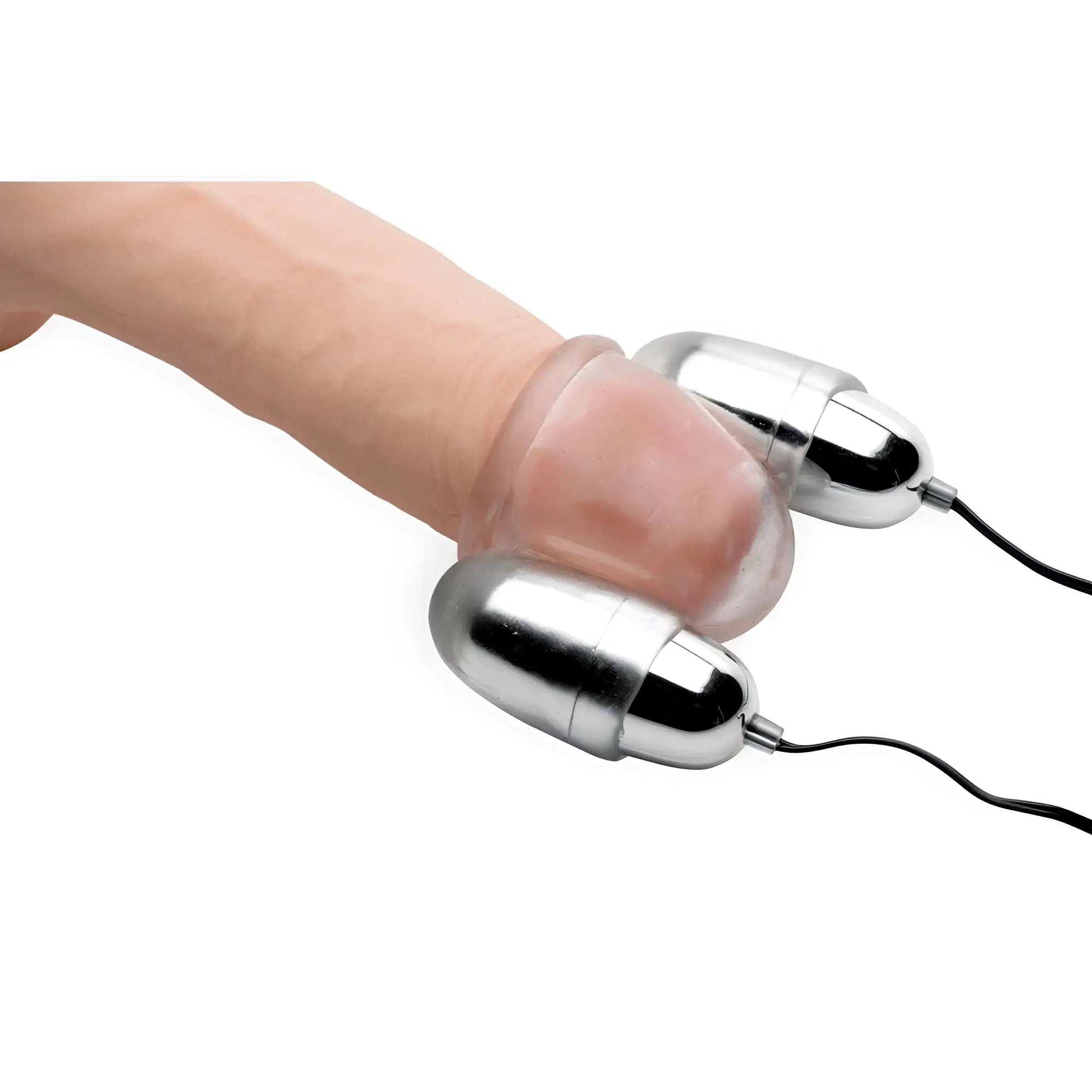 Trinity Vibes Clear Multi-Speed Vibrating Head Teaser with a clear silicone cap and two metallic vibrating bullets.