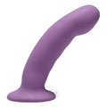 Trinity Vibes curved purple silicone dildo with a flared base, shown against a plain white background.
