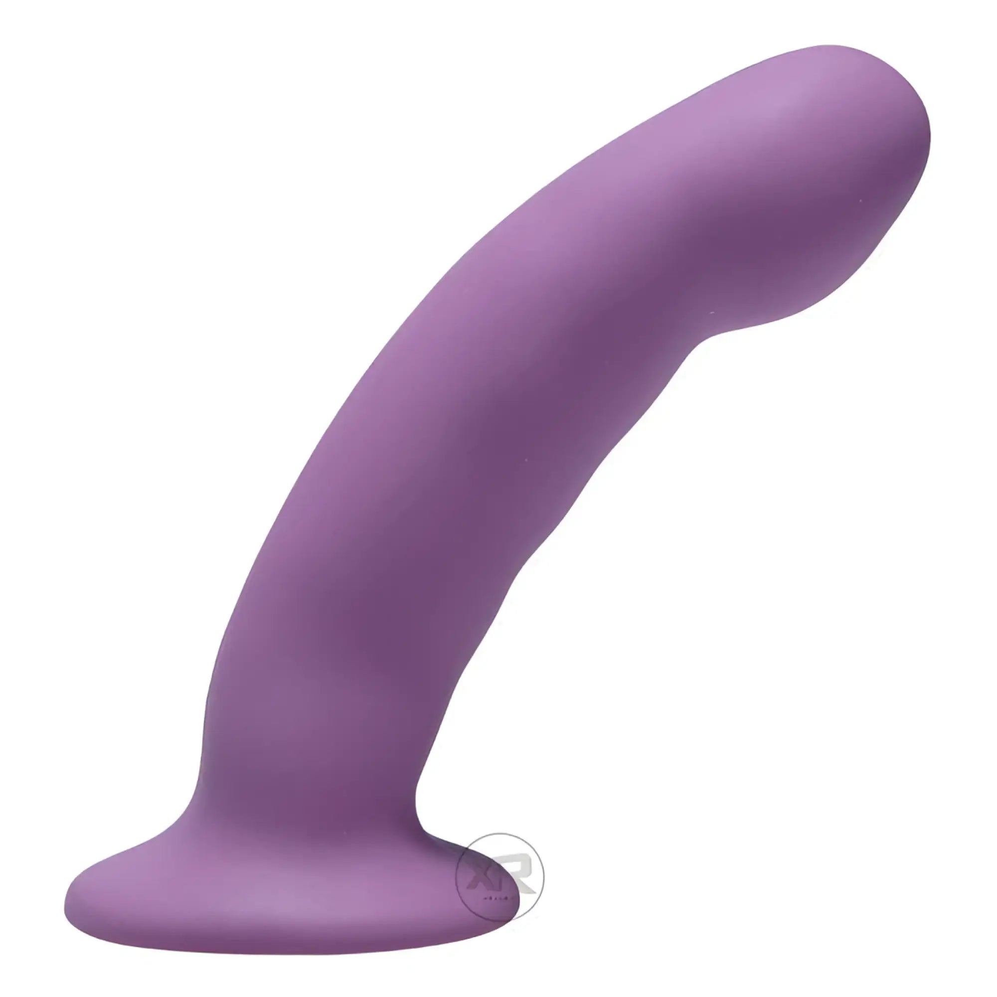 Trinity Vibes curved purple silicone dildo with a flared base, shown against a plain white background.