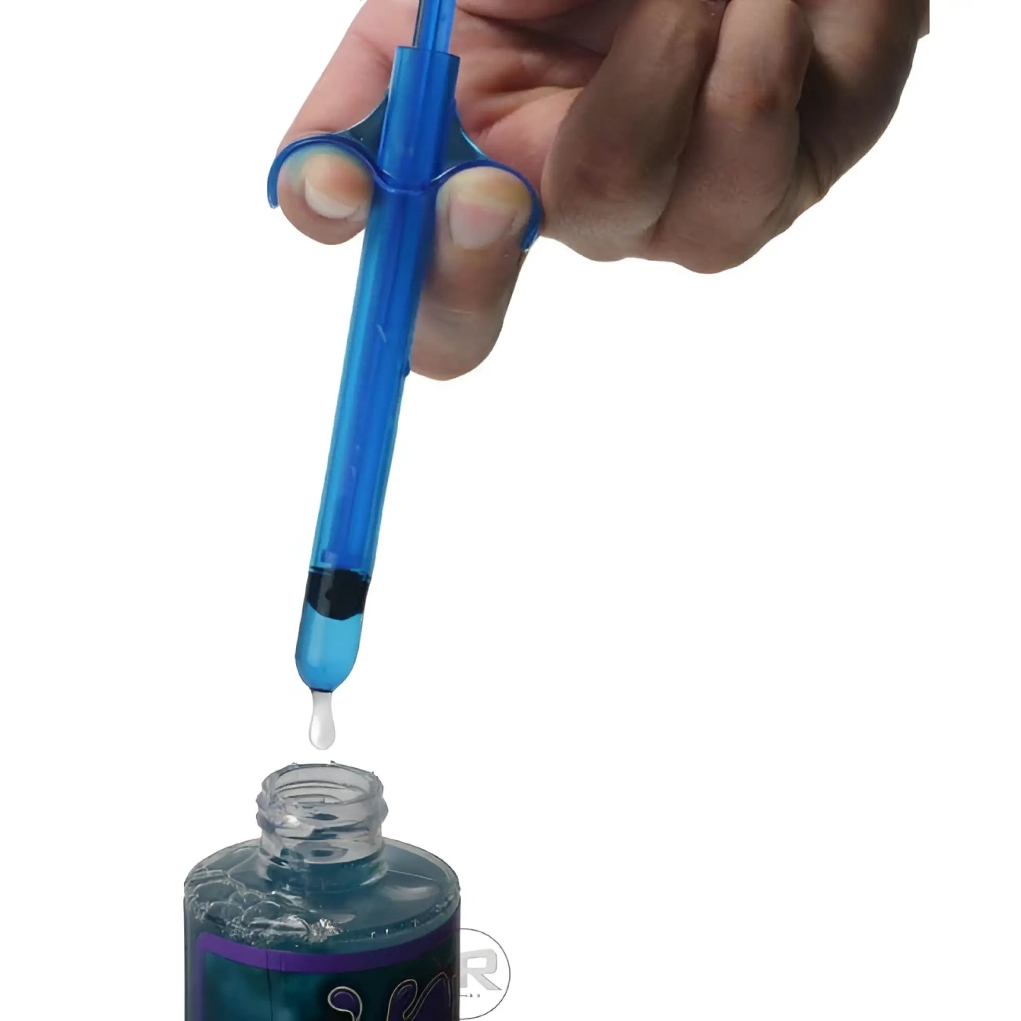 Trinity Vibes The Lubricant Launcher: A blue plastic syringe applicator drawing clear lubricant from a bottle.