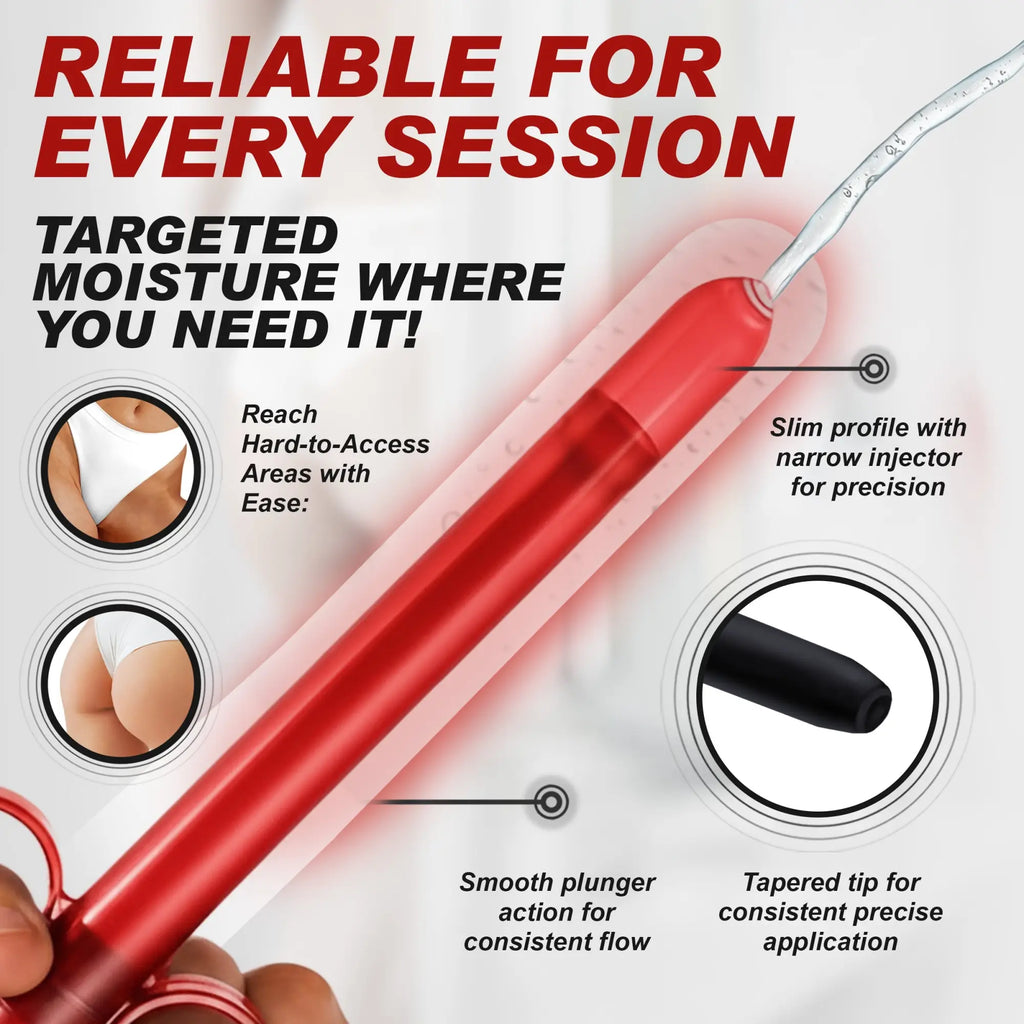 Trinity Vibes Lubricant Launcher: A slim red applicator with a tapered tip and smooth plunger for precise application.