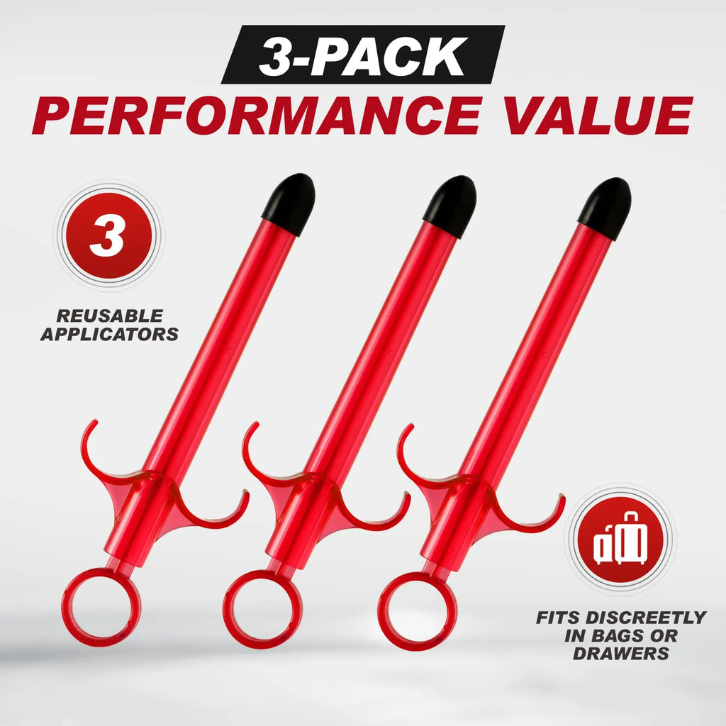 Trinity Vibes The Lubricant Launcher: 3-pack of red, reusable syringe-style applicators with black tips.