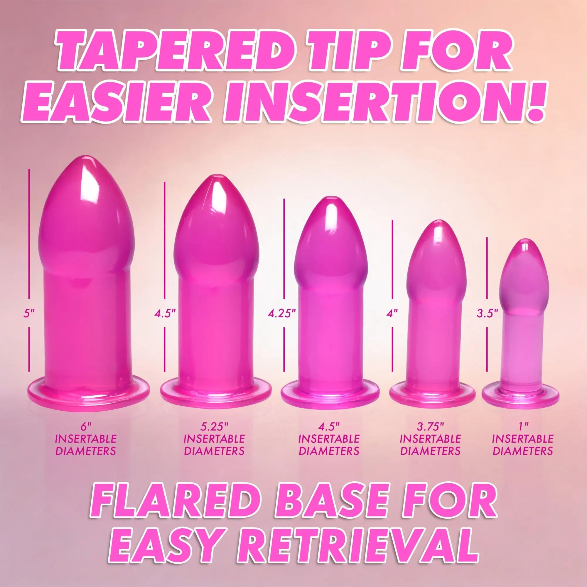 Trinity Vibes Purple 5pc Anal Trainer Kit: Five graduated, shiny purple silicone plugs with tapered tips and flared bases.