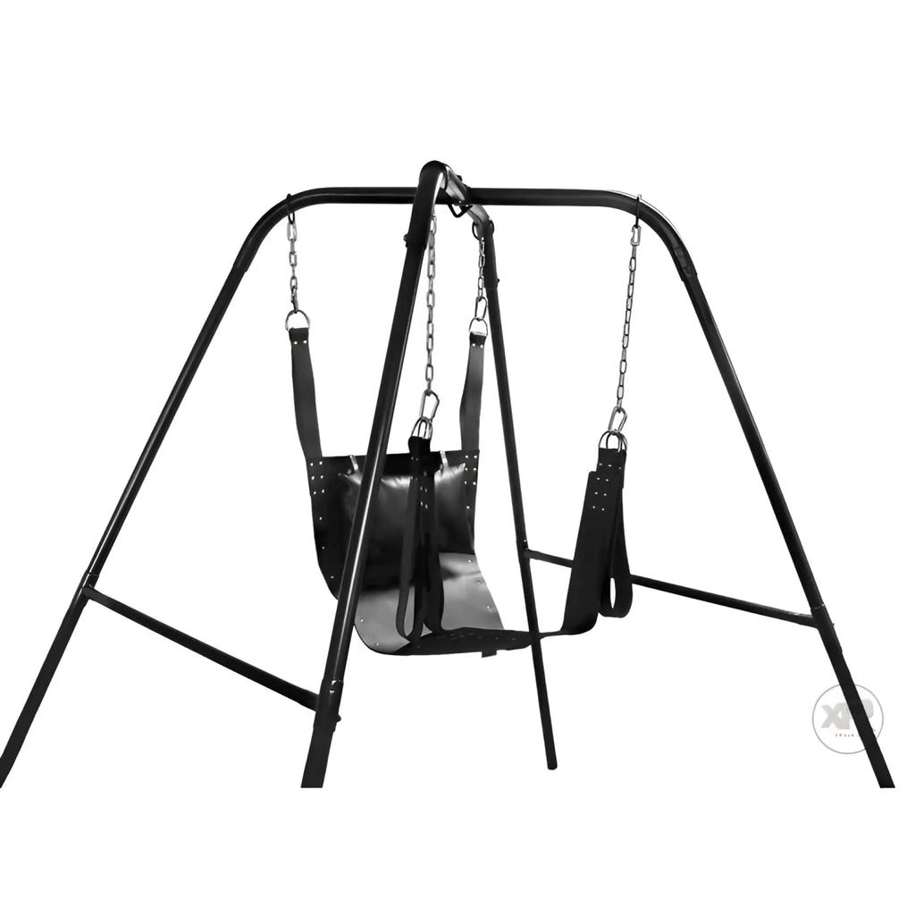 Black Trinity Vibes Trinity sex swing suspended by chains from a sturdy black metal A-frame stand.