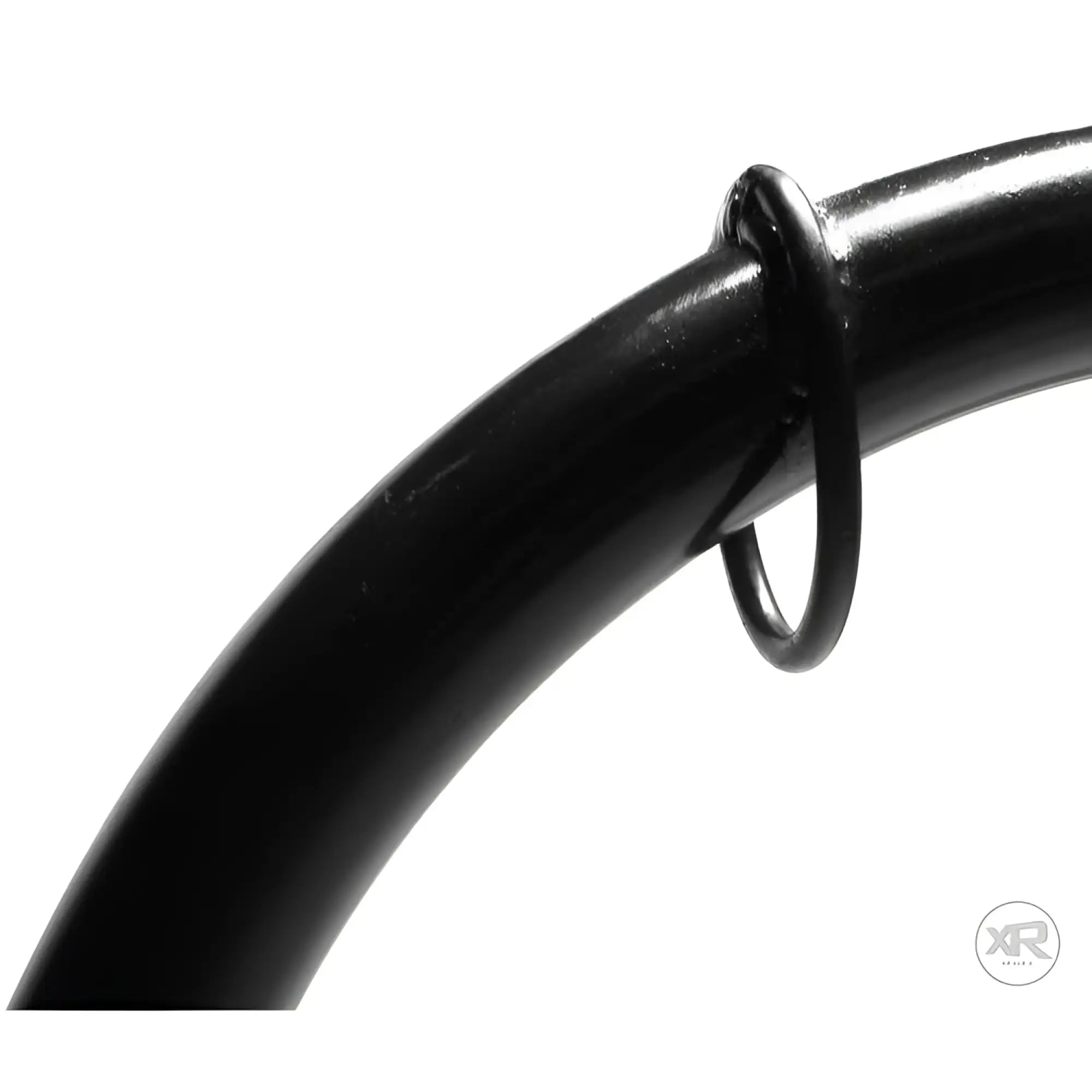 Close-up of a smooth, black curved metal bar from a Trinity Vibes Sex Swing Stand with a sturdy attached metal loop.