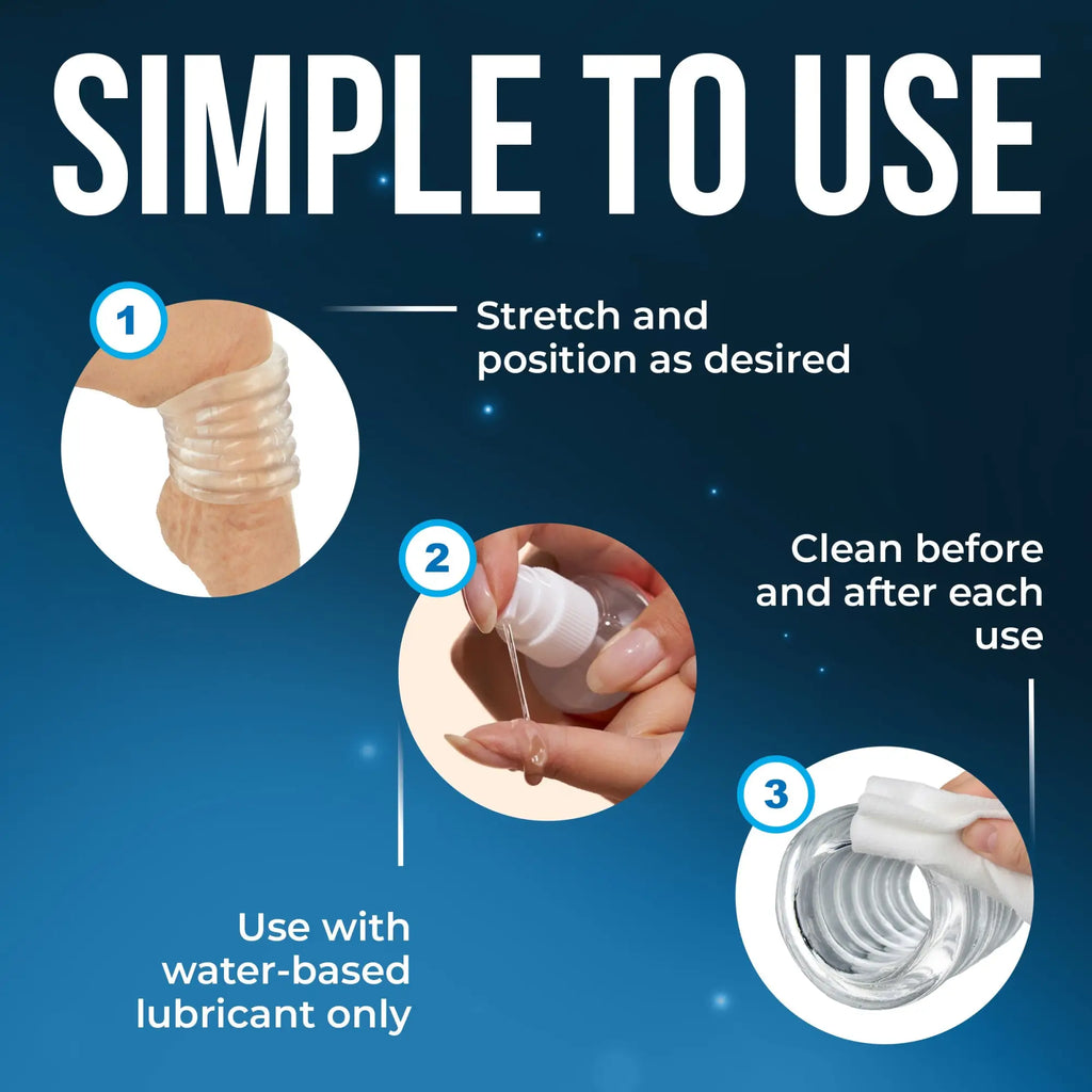 Trinity Vibes clear spiral ball stretcher instructional graphic showing three steps: application, lubrication, and cleaning.