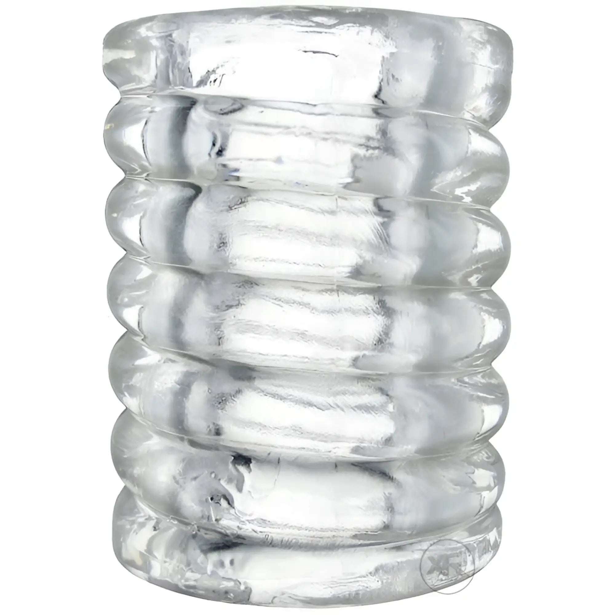 Trinity Vibes Spiral Ball Stretcher: A clear, cylindrical silicone sleeve with a ridged, spiraling design.