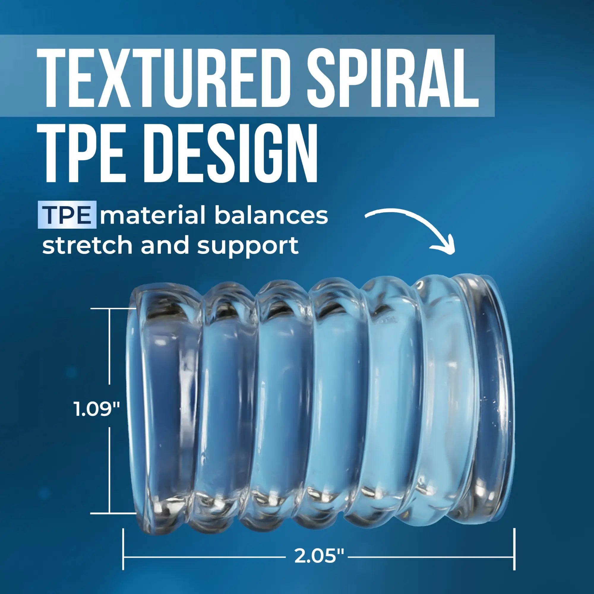 Trinity Vibes Spiral Ball Stretcher: A clear, flexible TPE cylinder with a textured spiral design and dimensions shown.