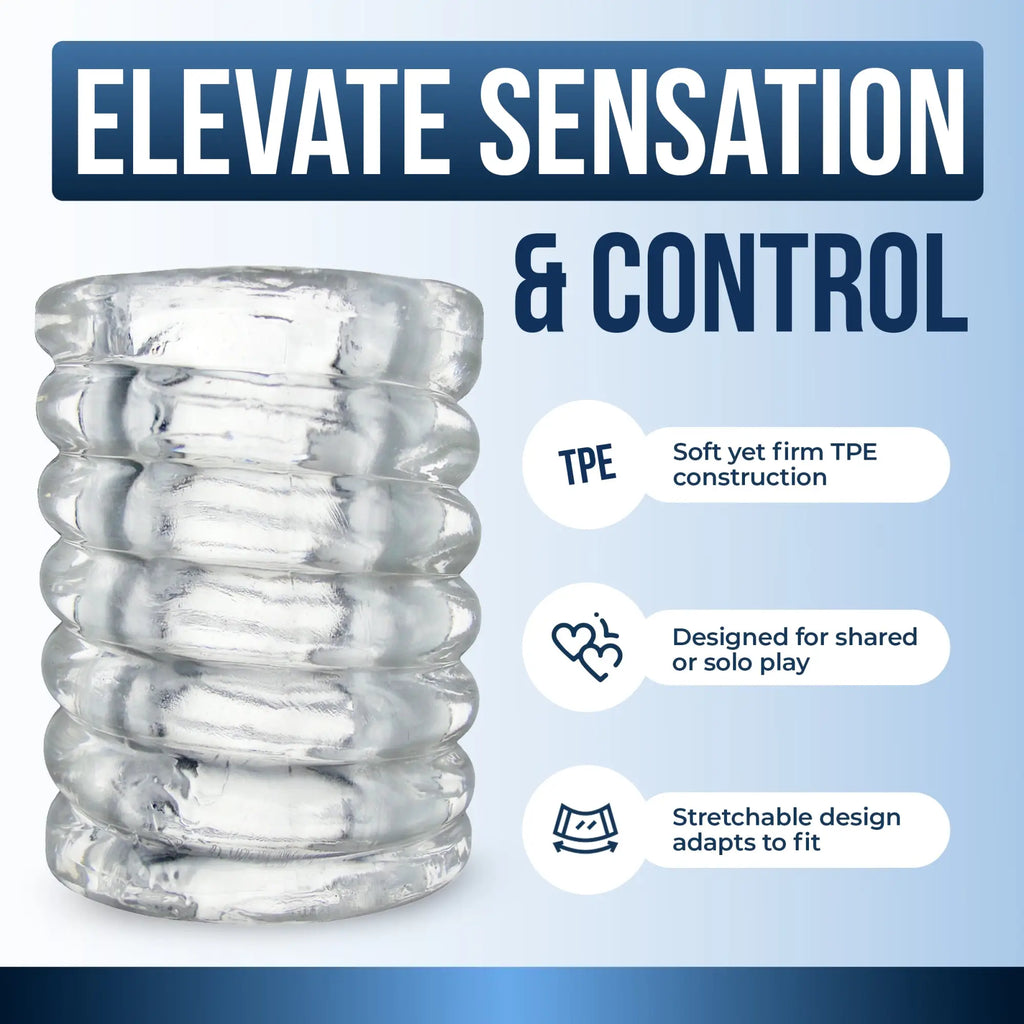 Trinity Vibes clear TPE spiral ball stretcher, a ribbed, stretchable ring for solo or shared play.