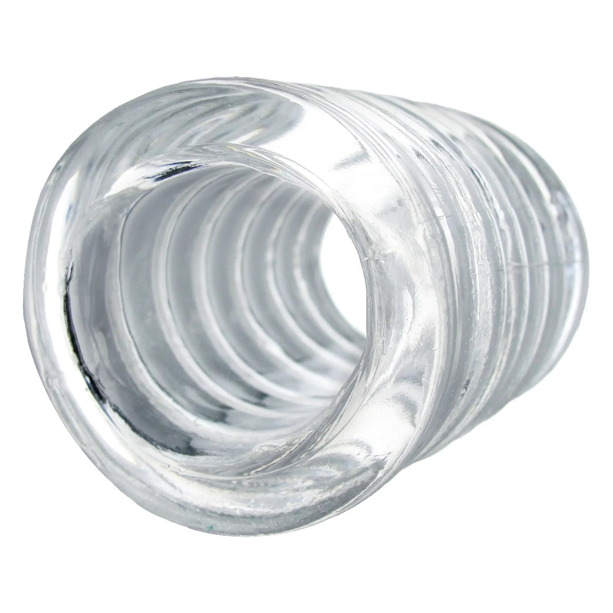 Trinity Vibes Spiral Ball Stretcher: A clear, flexible silicone tube with a ribbed, spiral-textured design.