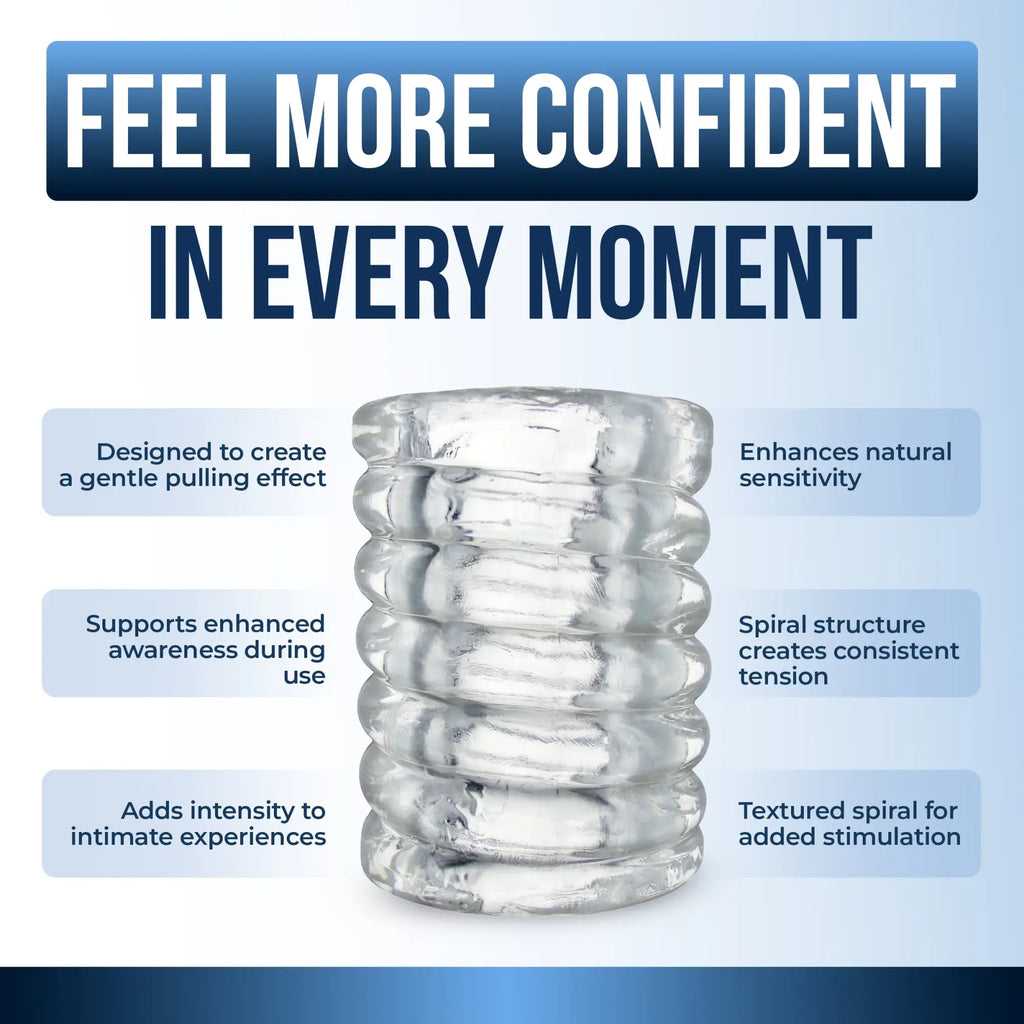 Trinity Vibes Spiral Ball Stretcher: A clear, flexible silicone ring with a ribbed, spiral-textured design.