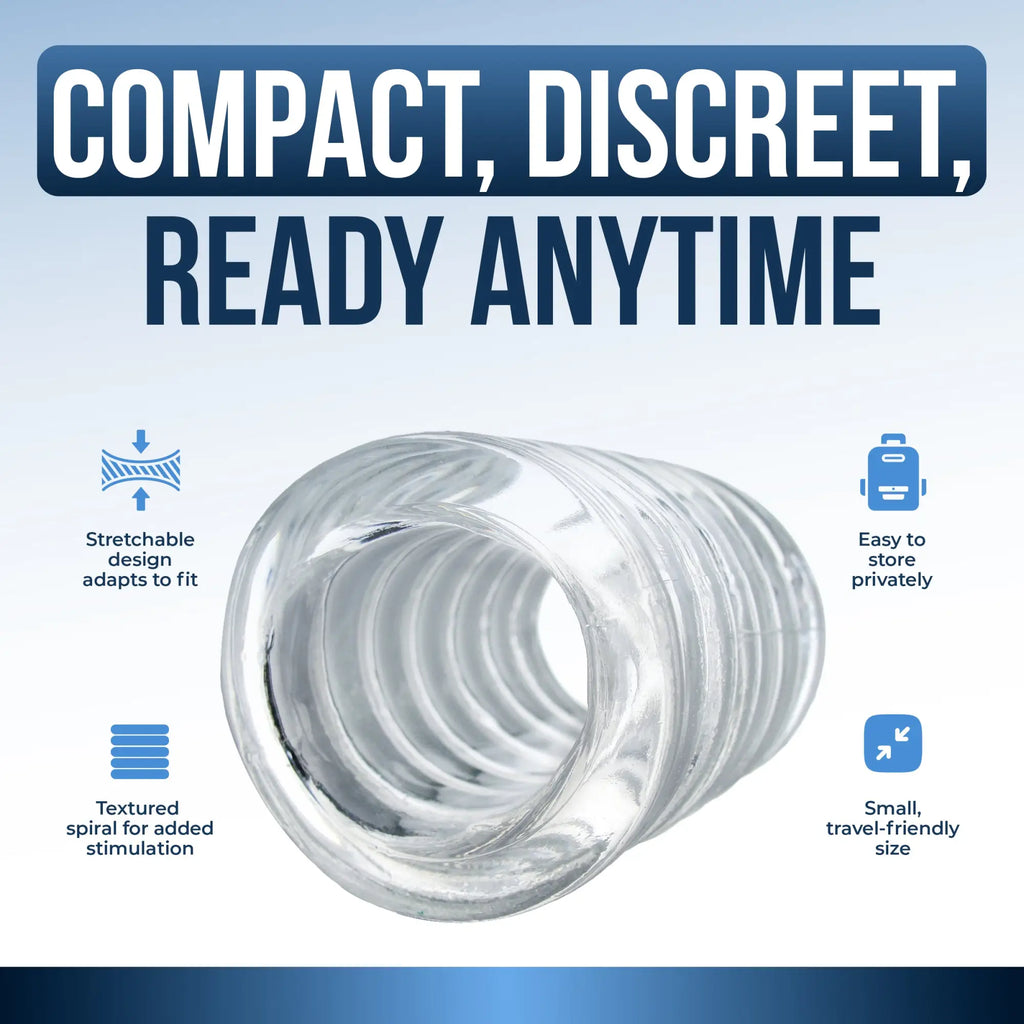 Trinity Vibes Spiral Ball Stretcher: A clear, flexible silicone ring with a textured spiral design for stimulation.
