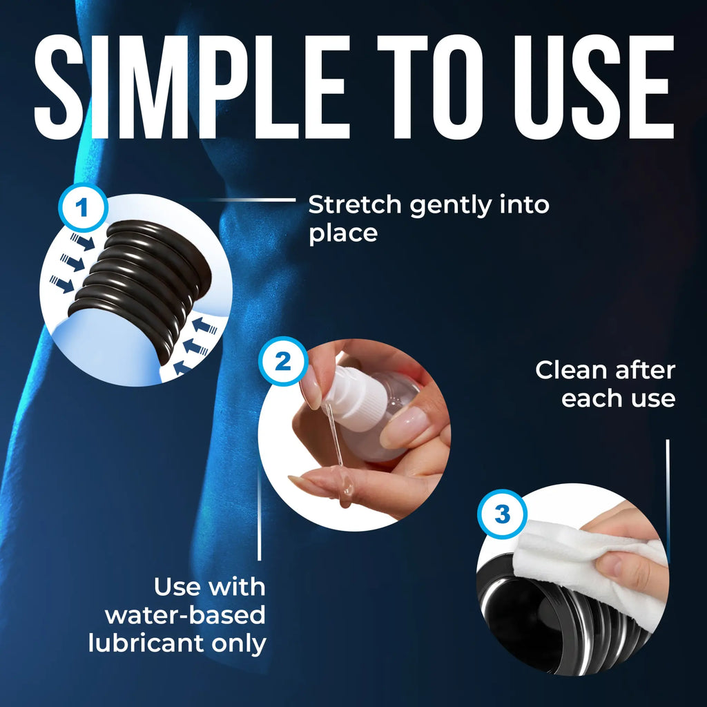 Trinity Vibes Stretch-To-Fit Cock Cage: Three-step instructional guide showing how to apply, lubricate, and clean.