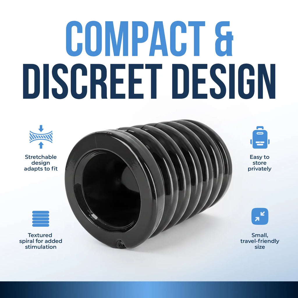 Trinity Vibes Stretch-To-Fit Cock Cage: A compact, black, spiral-textured, stretchable silicone device on white.