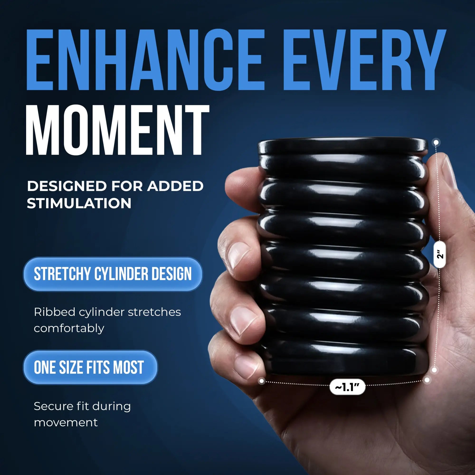 A hand holds a black, ribbed, stretch-to-fit Trinity Vibes cock cage against a dark blue promotional background.