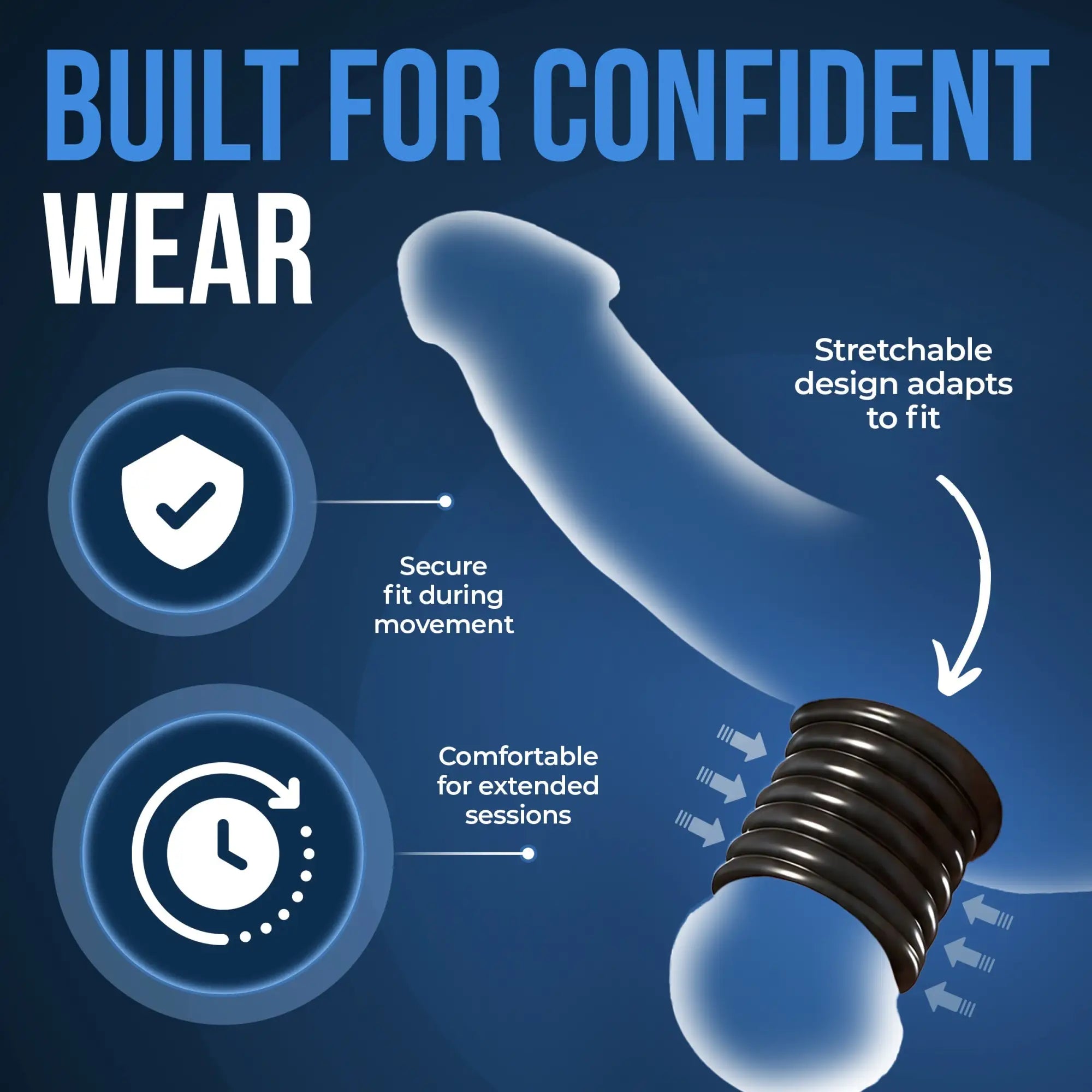 Trinity Vibes Stretch-To-Fit Cock Cage: A black, ribbed silicone ring shown on a diagram highlighting its secure fit.