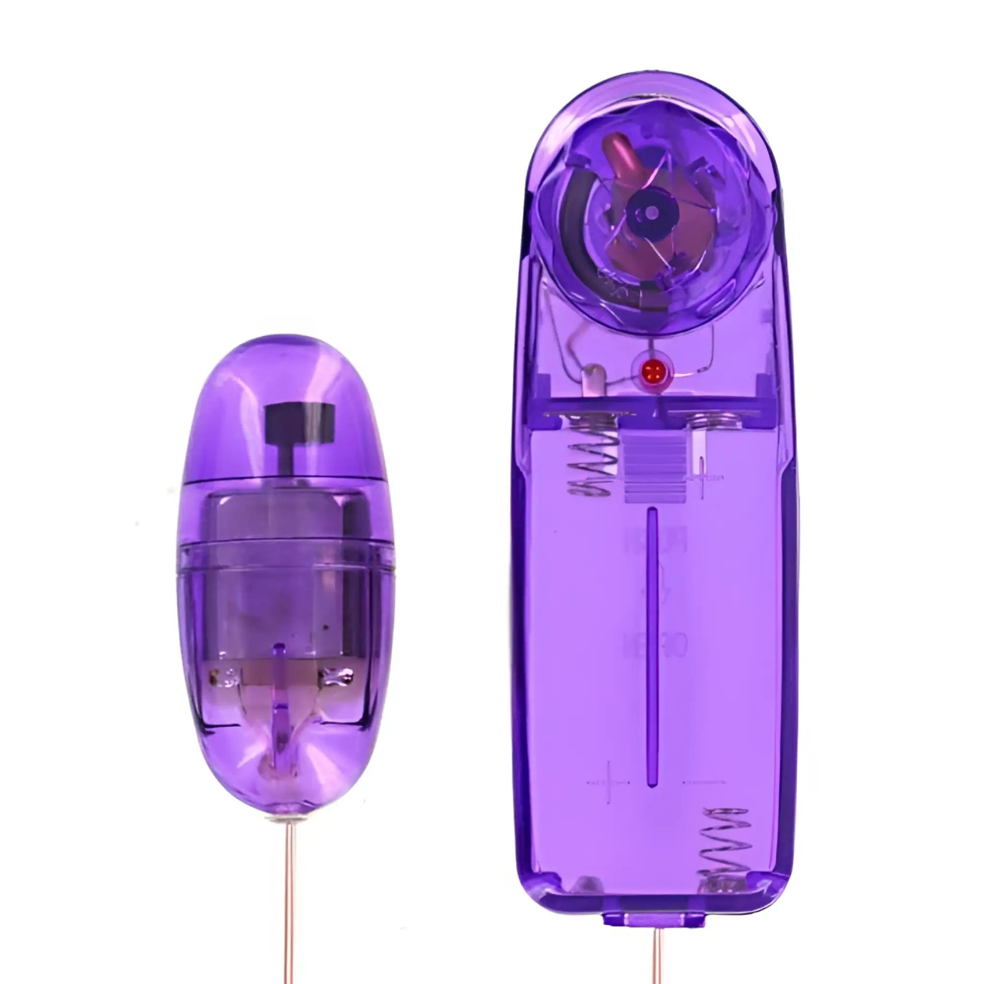 Trinity Vibes Supercharged Bullet Vibrator: A purple, translucent bullet vibrator shown with its battery case open.