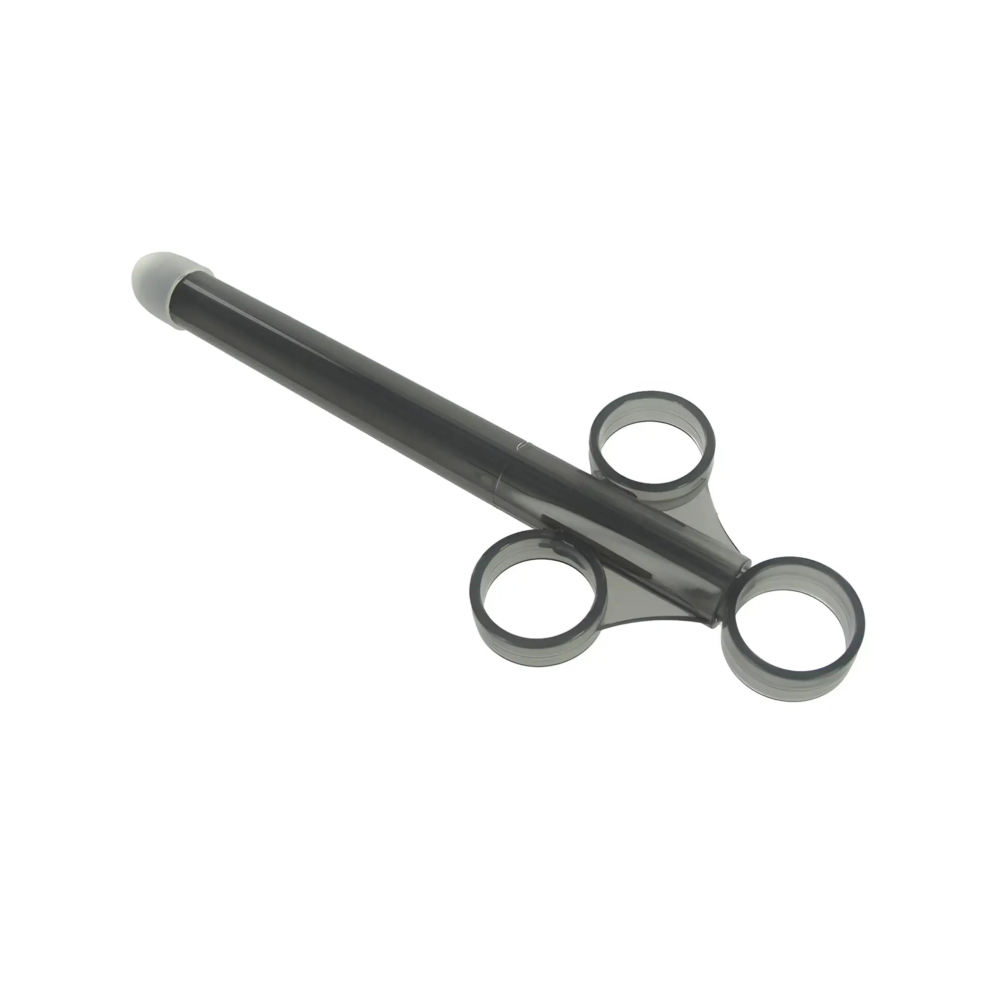 Trinity Vibes XL Lubricant Launcher: A translucent black syringe-style tool with three finger rings, white tip.